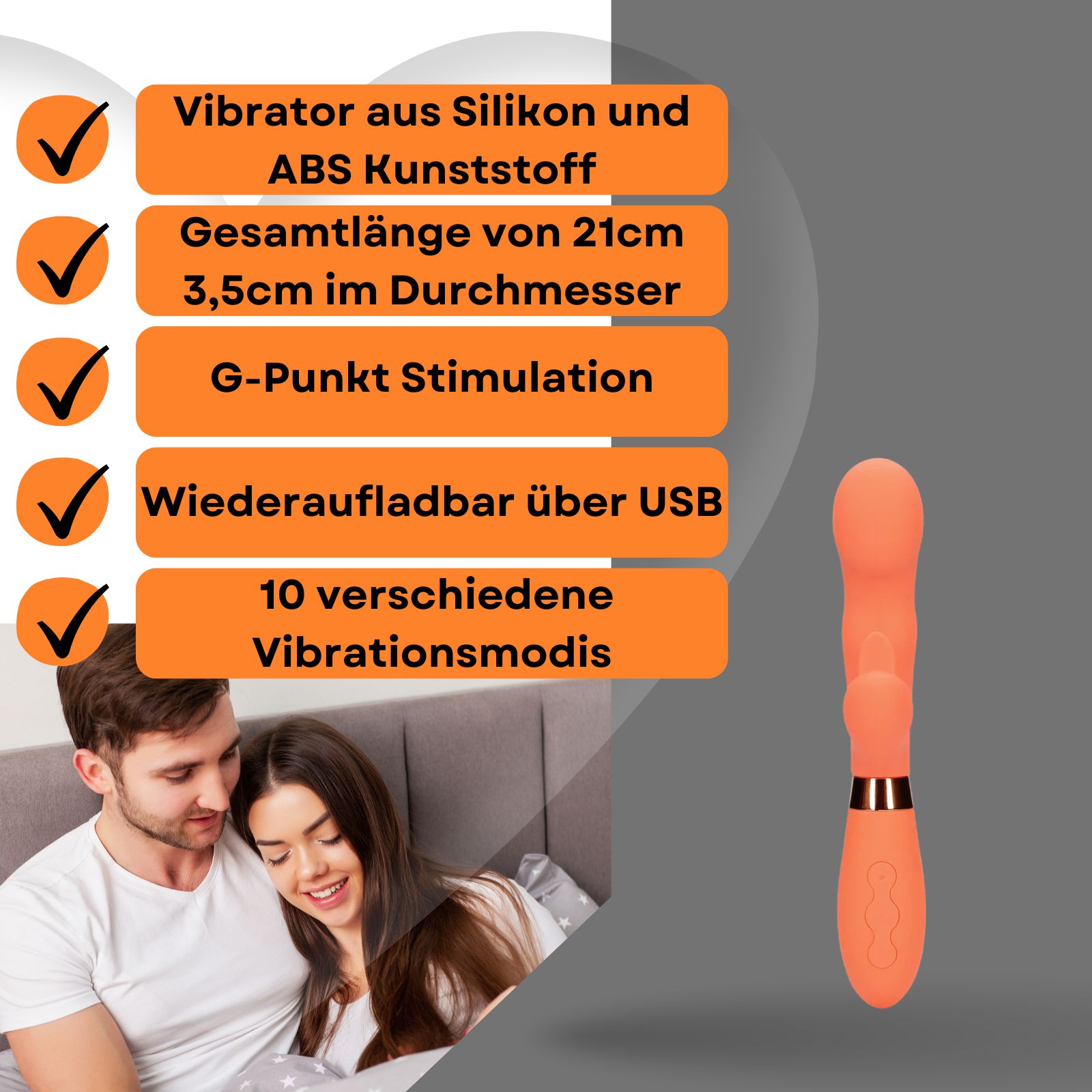 Orangener Vibrator. Silikon, ergonomische Form. G-Punkt-Stimulation. Paar im Hintergrund.