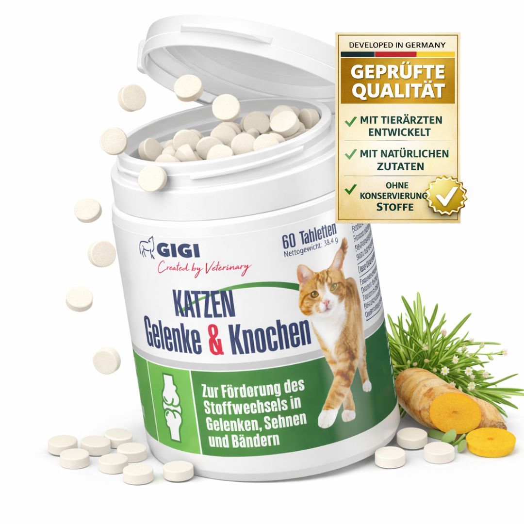 Tablettenflasche mit Tabletten. Text: Katzen Gelenke & Knochen. 60 Tabletten. Mit tierärztlicher Entwicklung, natürlichen Zutaten, ohne Konservierungsstoffe.