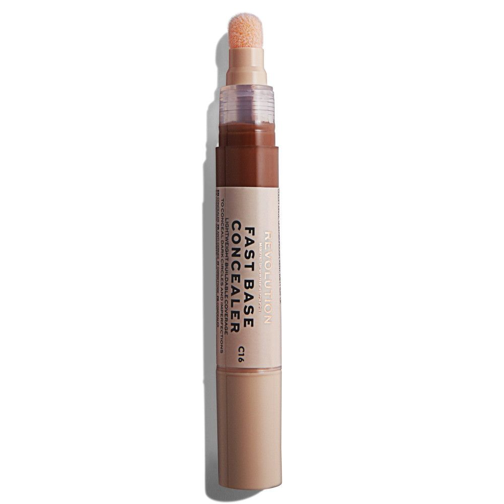 Concealer-Stift mit Schwammapplikator. Farbton C16. Aufschrift: Fast Base Concealer. Marke: Revolution.