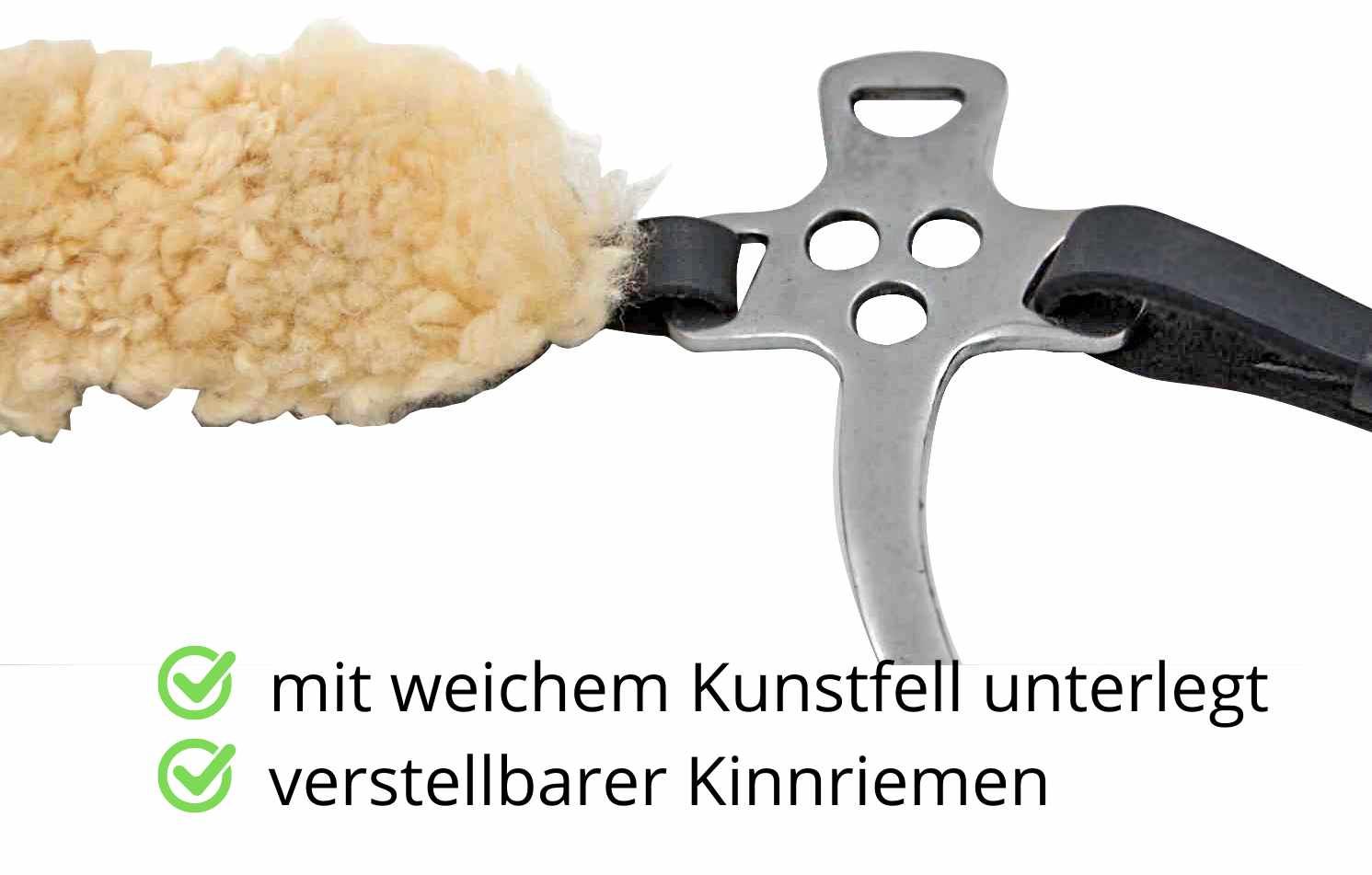 Hackamore mit weichem Kunstfell und verstellbarem Kinnriemen. Metallteil mit drei Löchern. Schwarzes Leder.