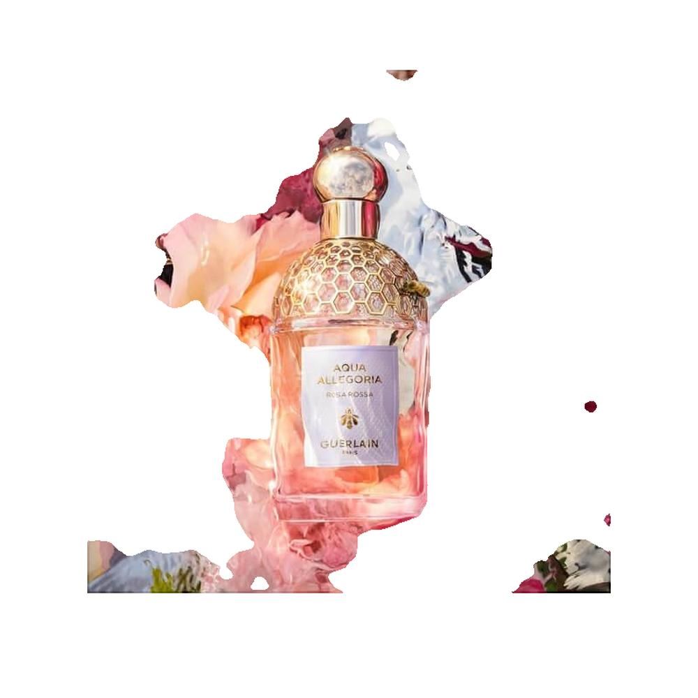 Parfümflakon mit goldfarbenem Verschluss und Etikett. Auf dem Etikett steht "Aqua Allegoria Rosa Rossa" und "Guerlain".