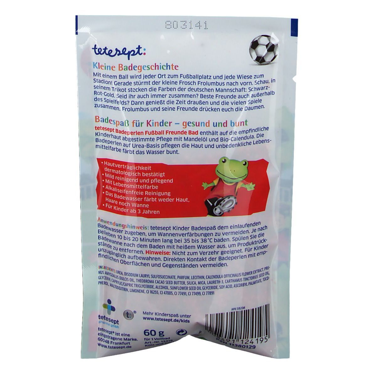 Rückseite der Badeperlen-Verpackung. Text: tetesept, Kinder Badespaß. Abbildung: Frosch. Inhaltsangaben, Anwendungshinweise.