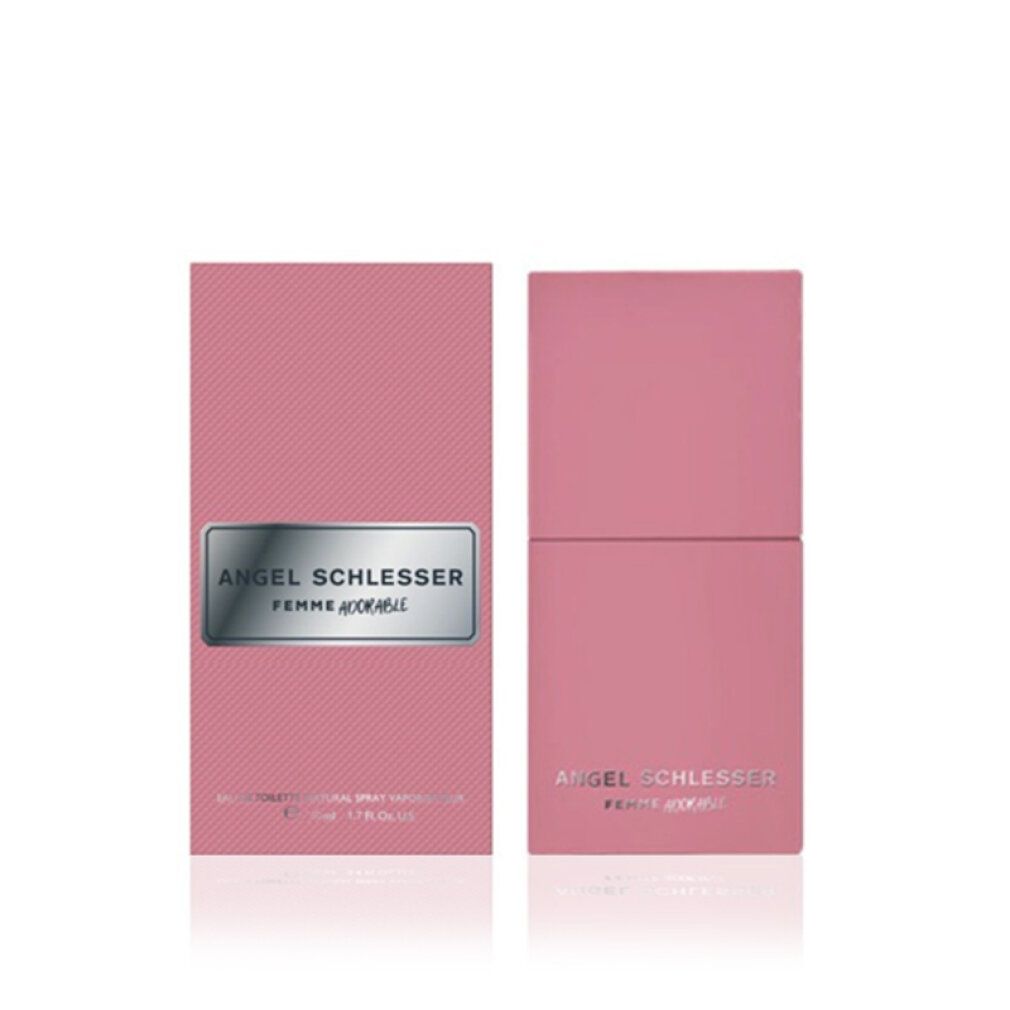 Rosa Flakon und Verpackung. Aufschrift: Angel Schlesser Femme Adorable. Eau de Toilette Spray.