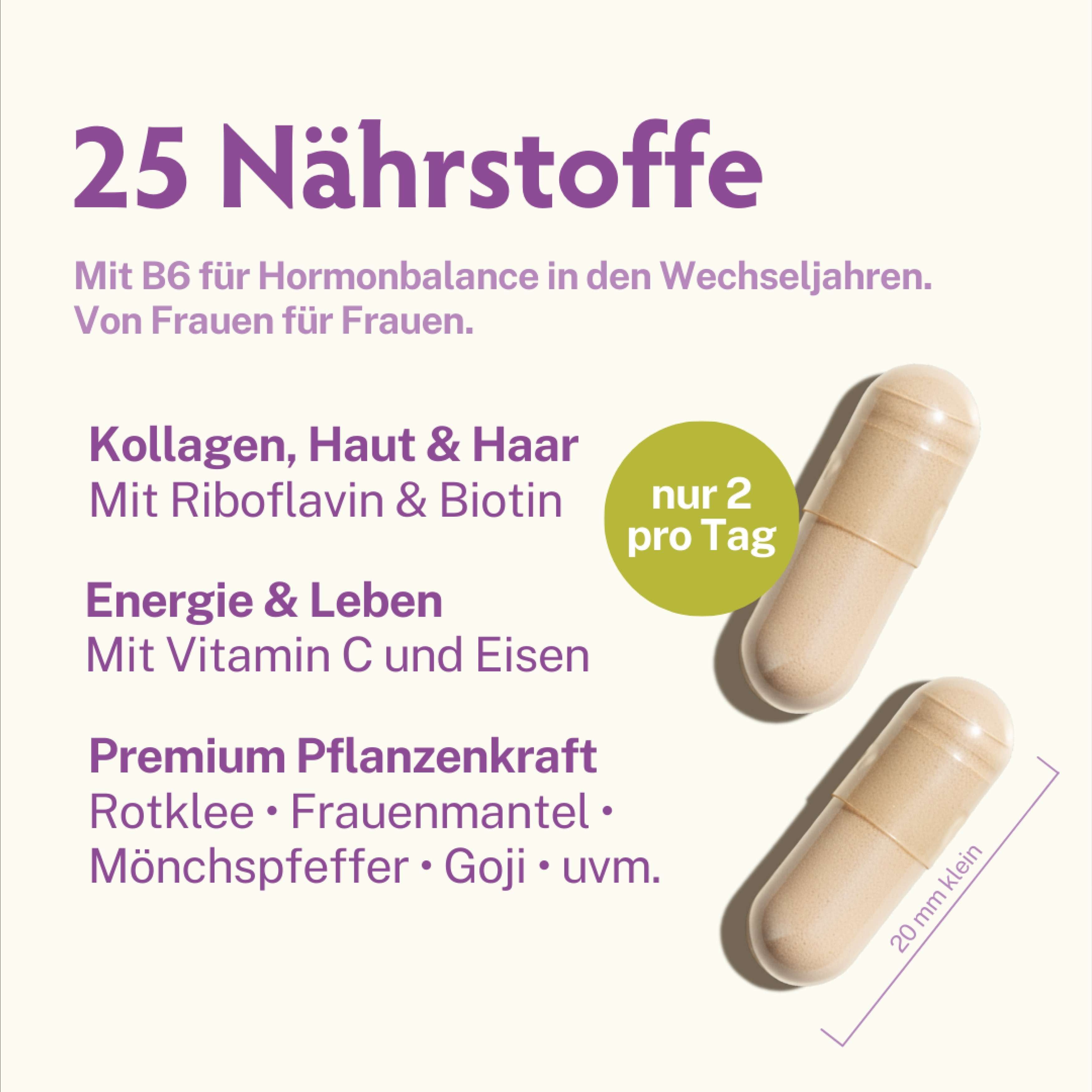 Zwei Kapseln. Text: 25 Nährstoffe, Kollagen, Haut & Haar, Energie & Leben, Premium Pflanzenkraft. 20 mm.