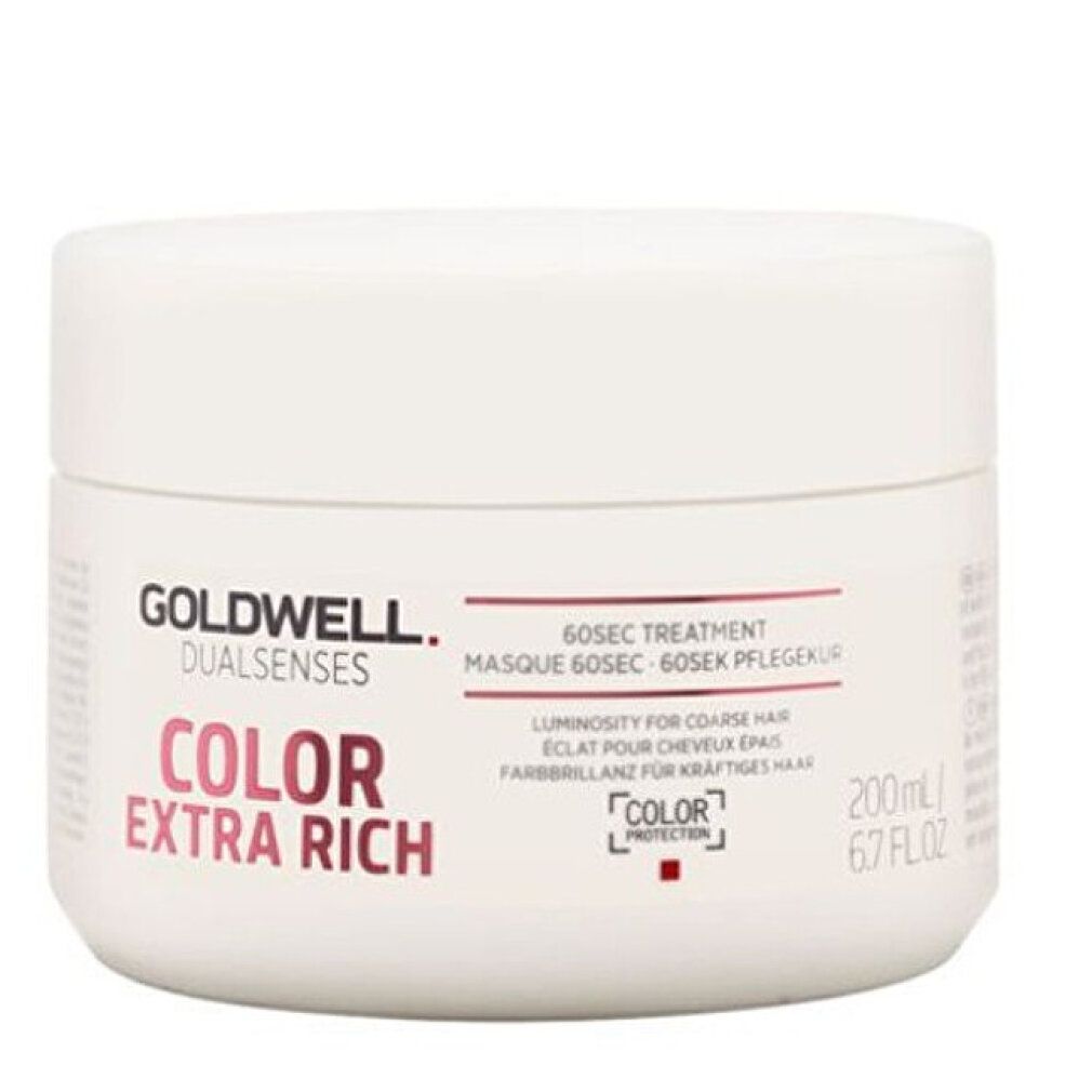 Weißer Tiegel mit Deckel. Aufschrift: GOLDWELL DUALSENSES COLOR EXTRA RICH. 200ml. Roter Farbpunkt.
