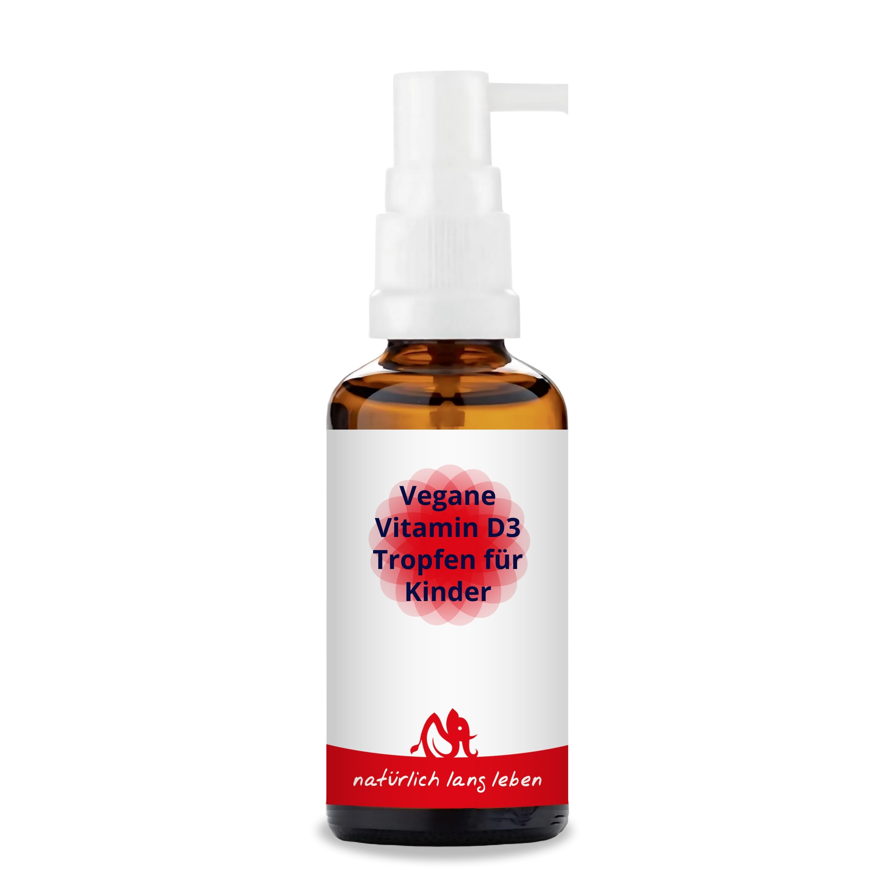 Braune Glasflasche mit weißem Pumpaufsatz. Etikett mit rotem Band und Schriftzug: Vegane Vitamin D3 Tropfen für Kinder. Logo.