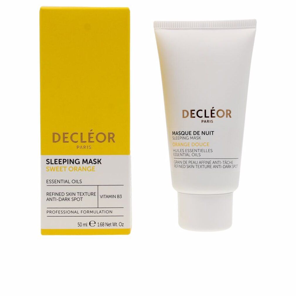 Weiße Tube und gelbe Schachtel. Aufschrift: Decleor, Sleeping Mask, Orange Douce, Refined Skin Texture, Anti-Dark Spot, 50 ml.