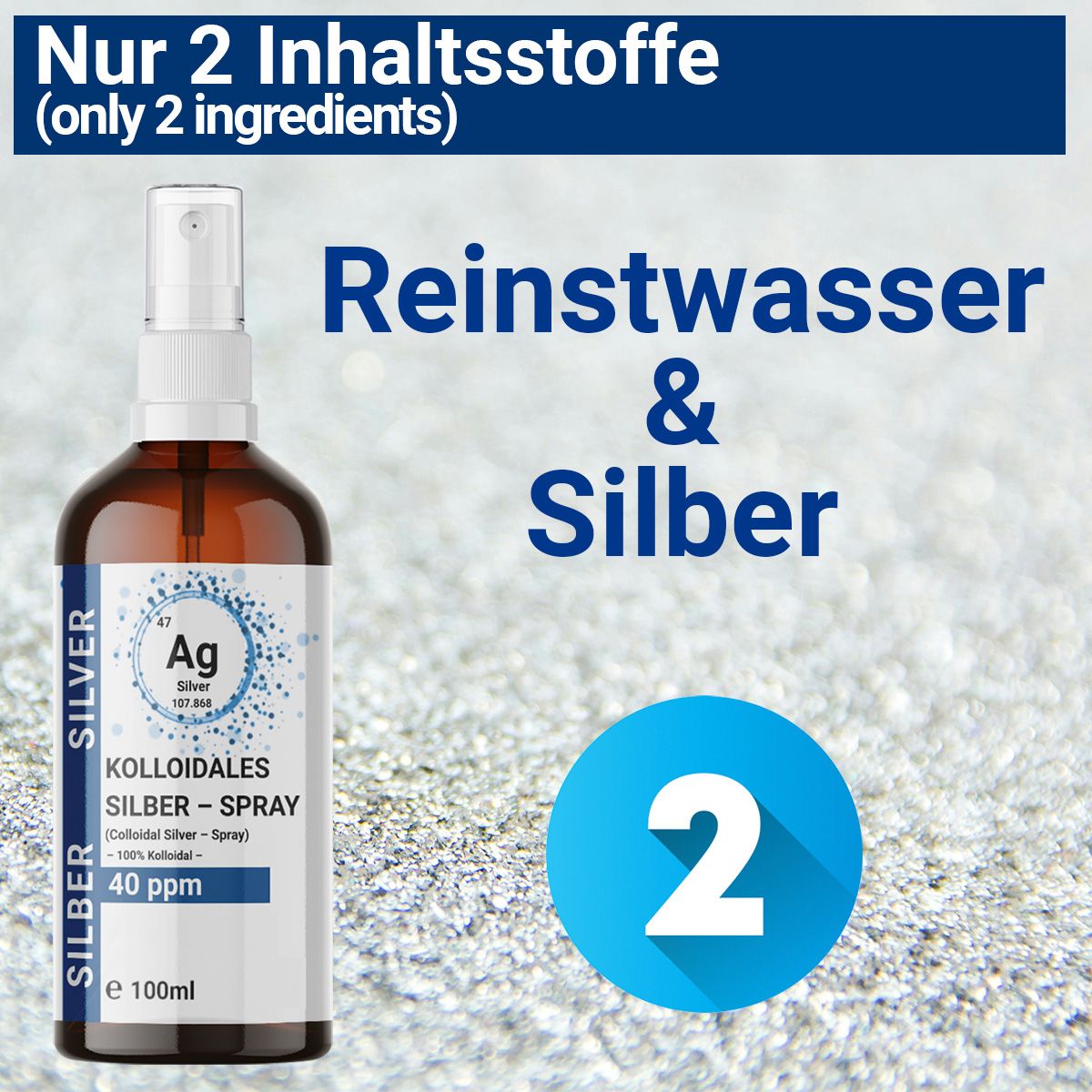 Braunglasflasche mit Sprühkopf. Etikett mit Produktinformationen: 40 ppm Kolloidales Silber Spray. Text: Nur 2 Inhaltsstoffe.