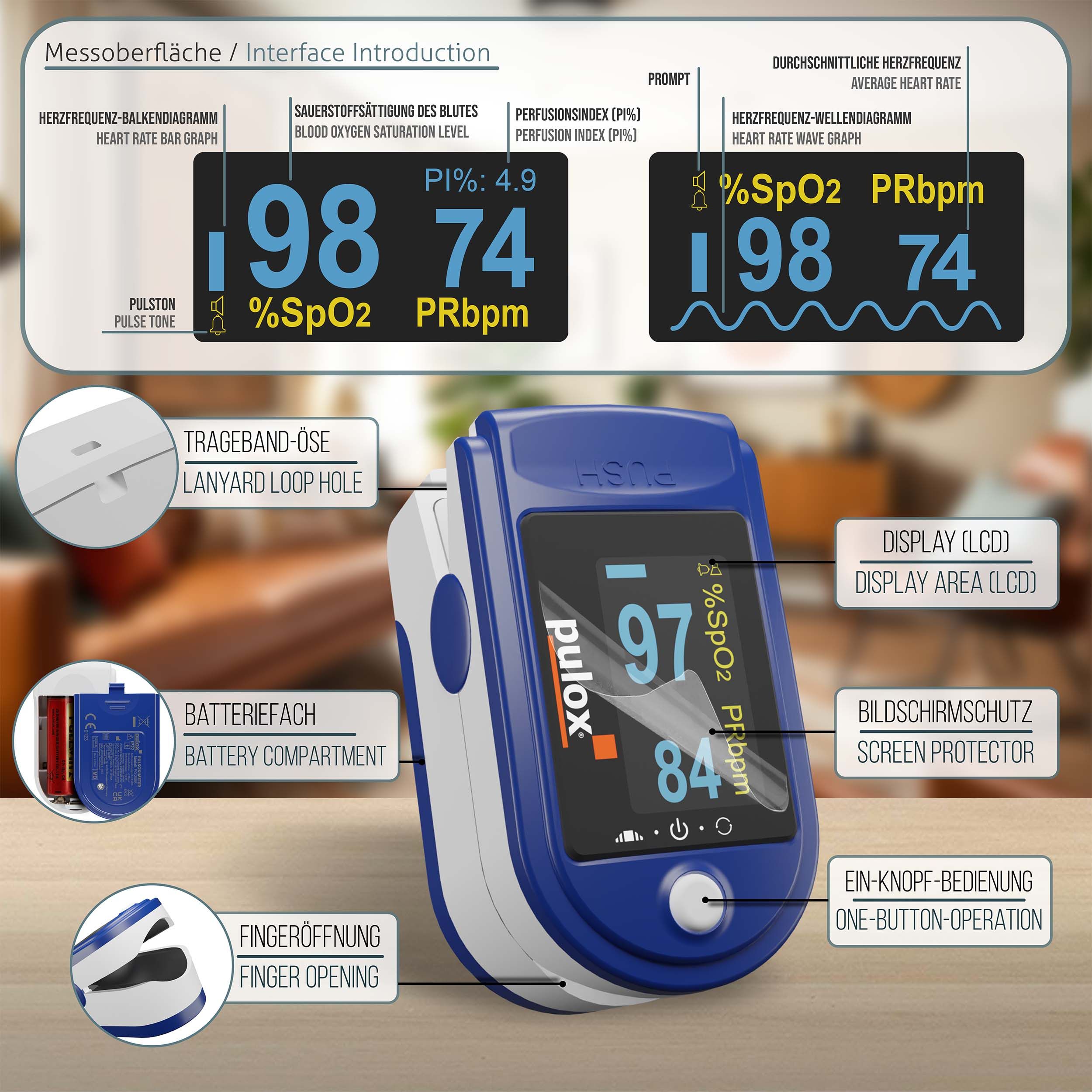 pulox - PO-200A Set - Finger-Pulsoximeter - Blau