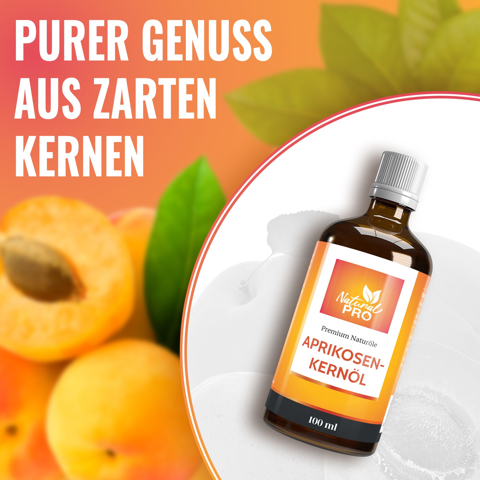 Braune Flasche mit weißem Deckel und orangefarbenem Etikett. Aufschrift: Natural Pro, Aprikosenkernöl. Im Hintergrund Aprikosen.