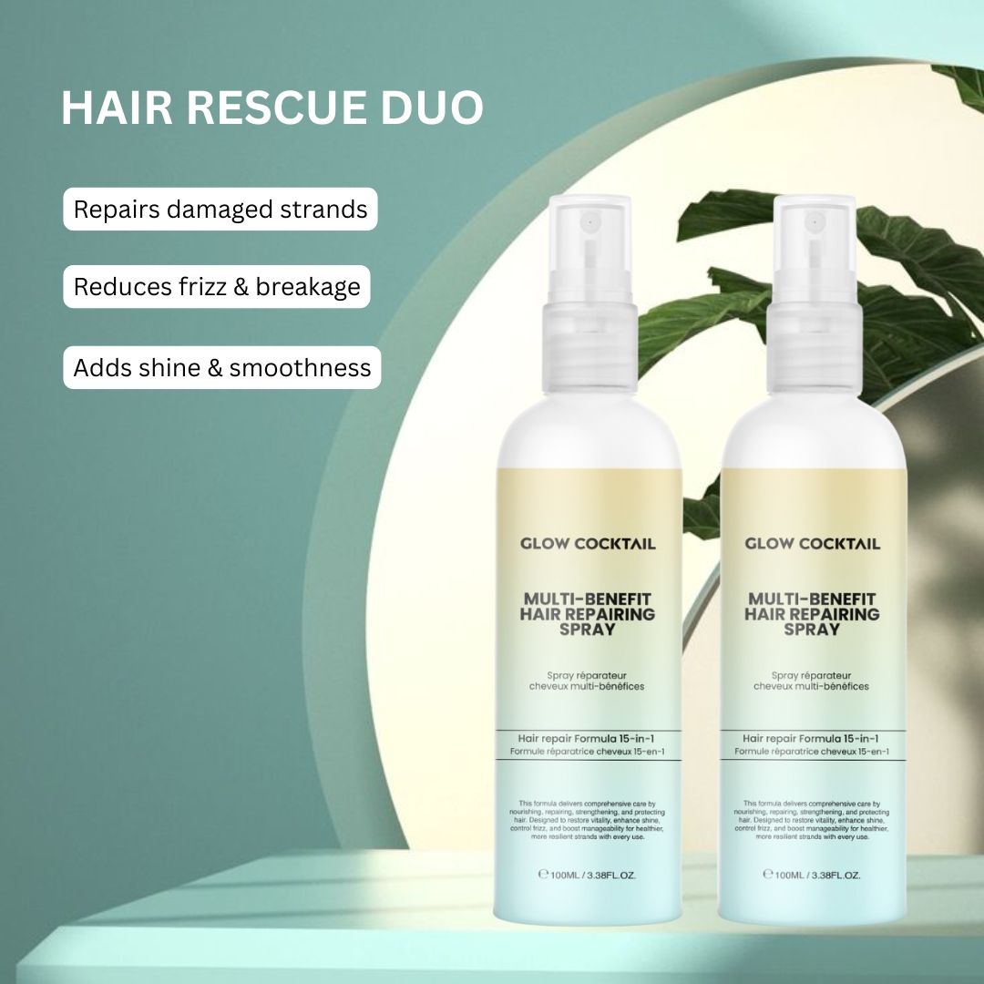 Zwei Sprühflaschen. Aufschrift: Glow Cocktail, Multi-Benefit Hair Repairing Spray. Text: Hair Rescue Duo. Hintergrund: Grün.