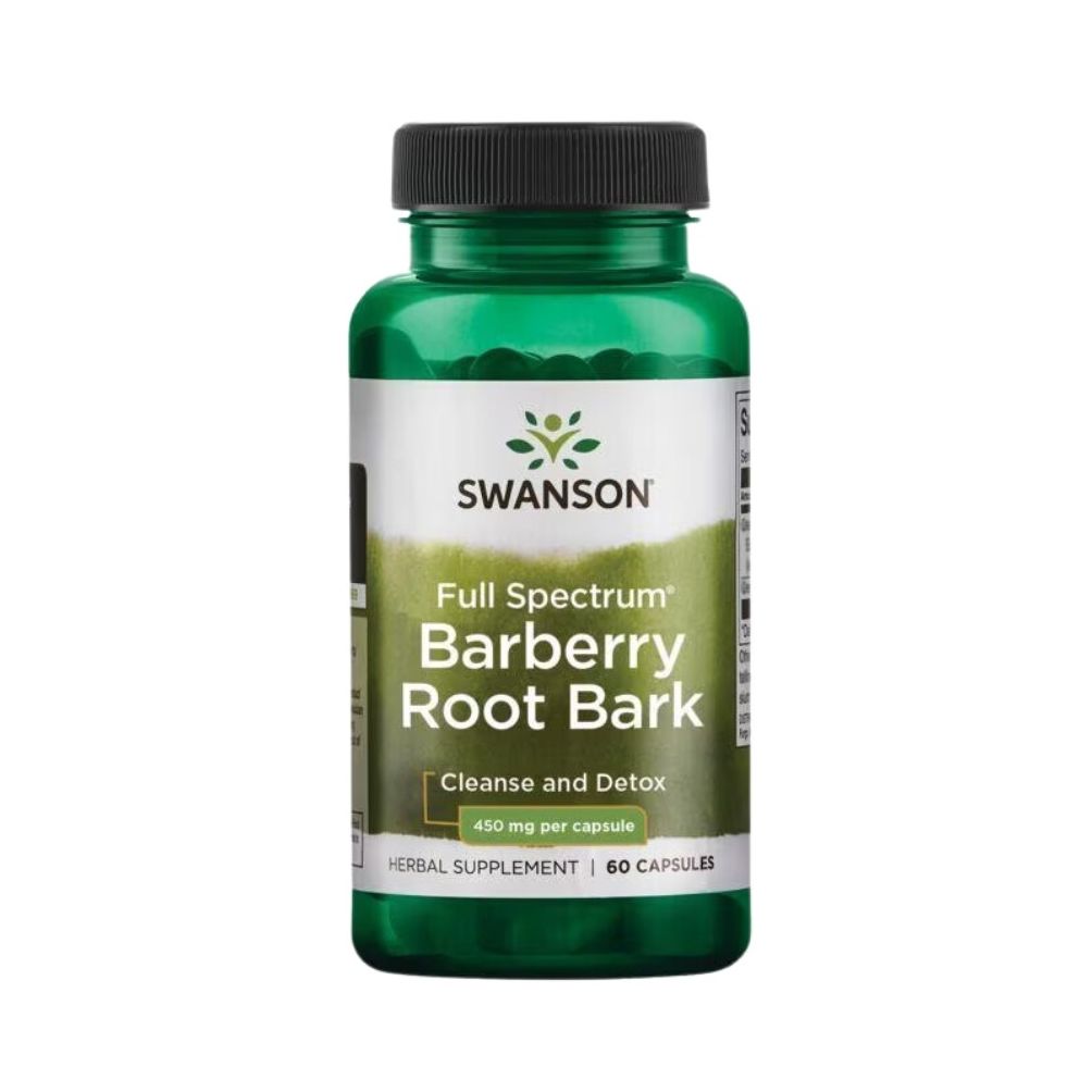 Grüne Flasche mit Kapseln. Aufschrift: SWANSON, Barberry Root Bark, 450 mg pro Kapsel, 60 Kapseln.