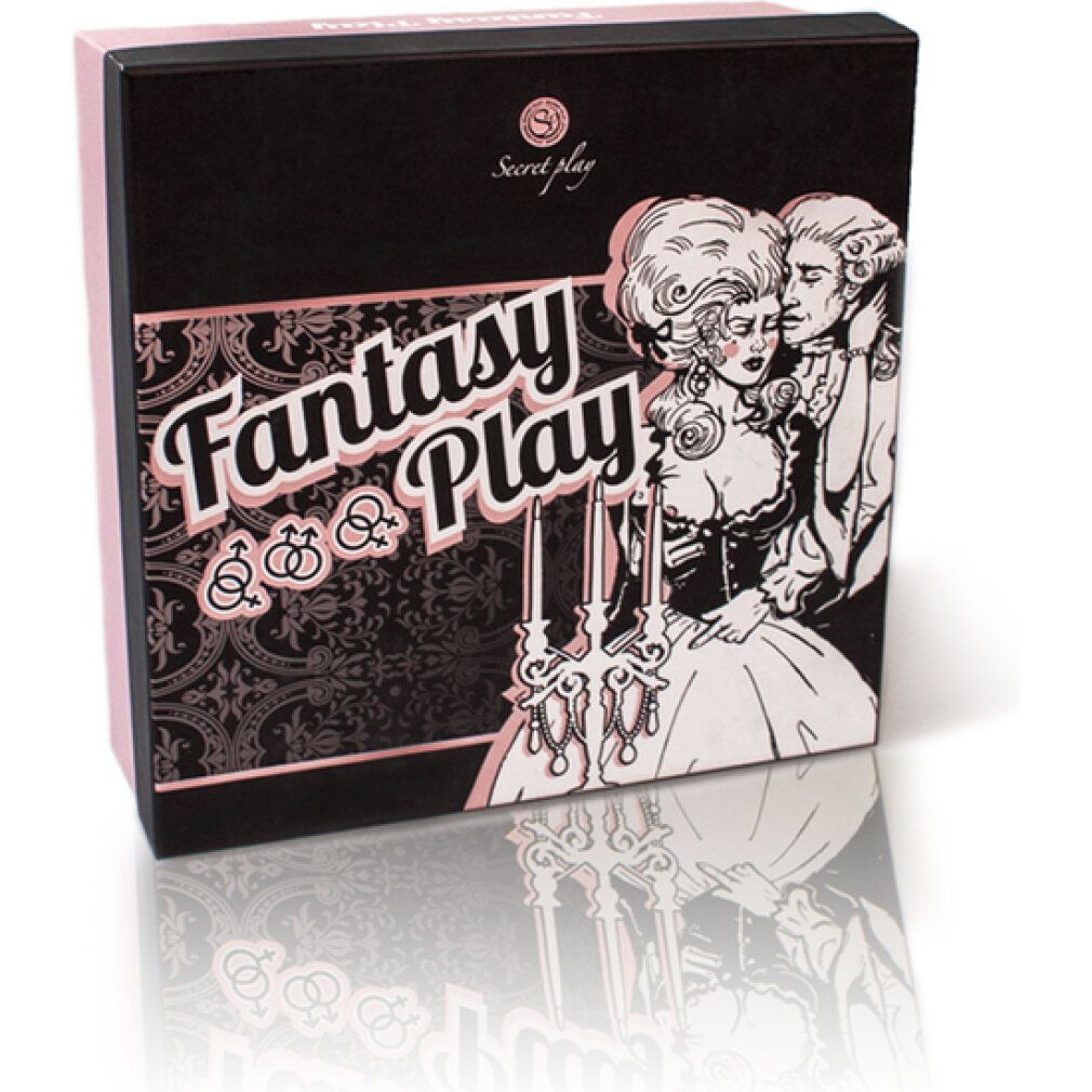 Schwarze Box mit rosa Akzenten. Aufschrift "Fantasy Play" und Logo. Illustration eines Paares im Rokoko-Stil.