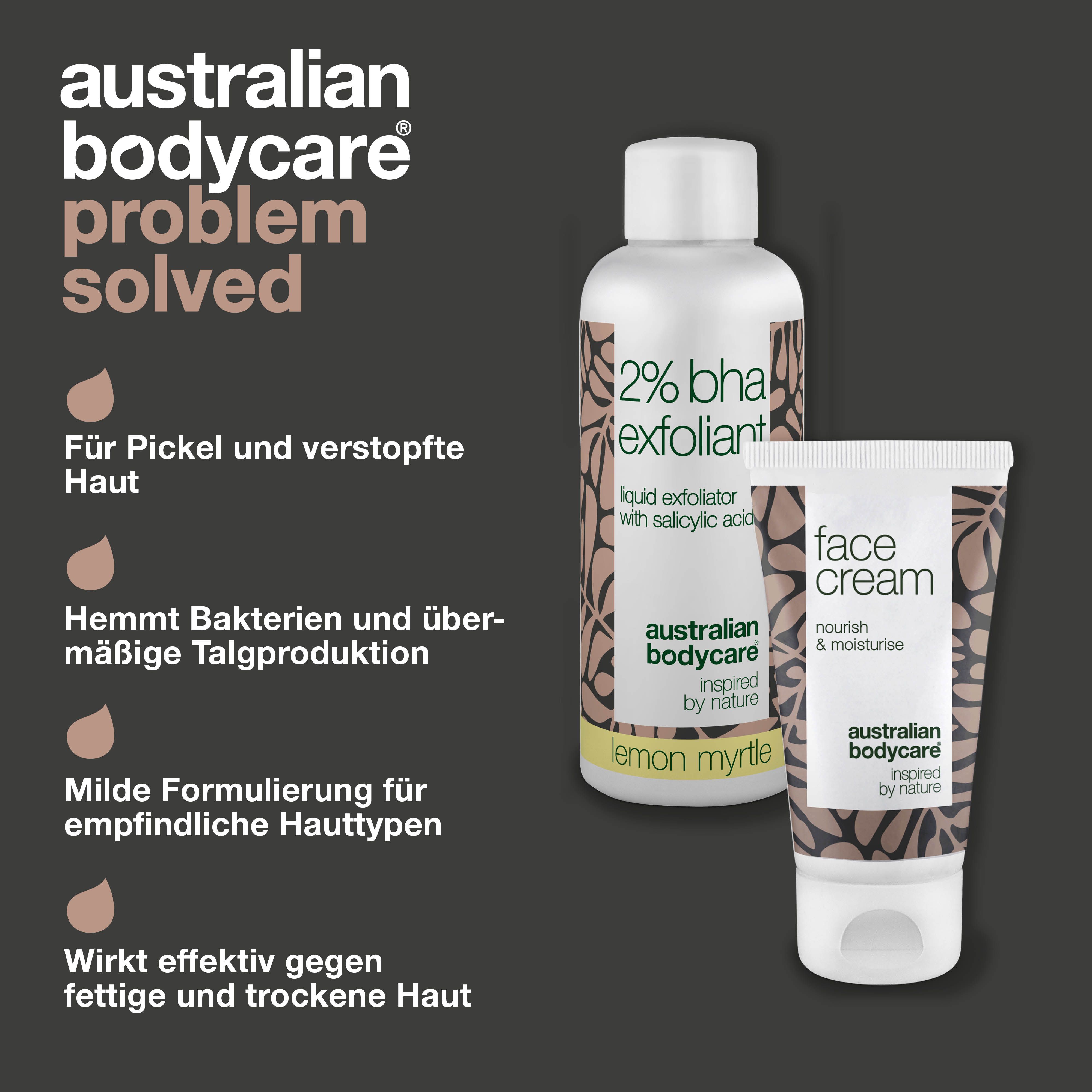 Flasche 2% BHA Exfoliant und Tube Face Cream. Text: Problem gelöst. Produktinformationen und Markenlogo.