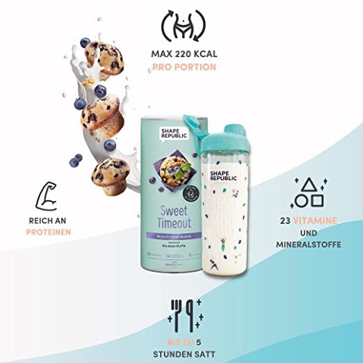 Dose "Sweet Timeout" neben Shaker. Illustration von Blaubeermuffins. Text: Reich an Proteinen, 23 Vitamine.