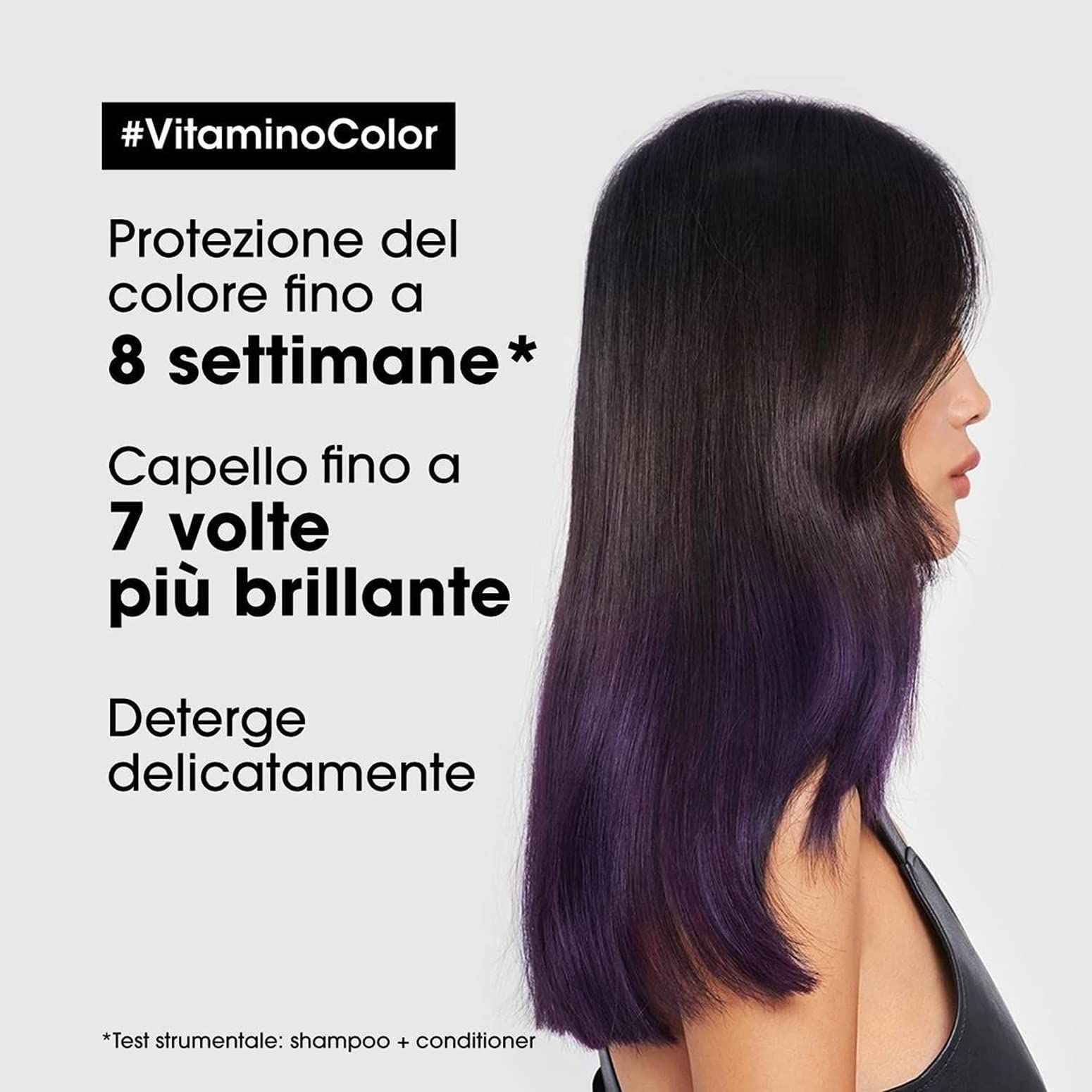 Frau mit lila gefärbtem Haar. Text: #VitaminoColor. Schutz bis zu 8 Wochen. Bis zu 7x mehr Glanz. Sanfte Reinigung.