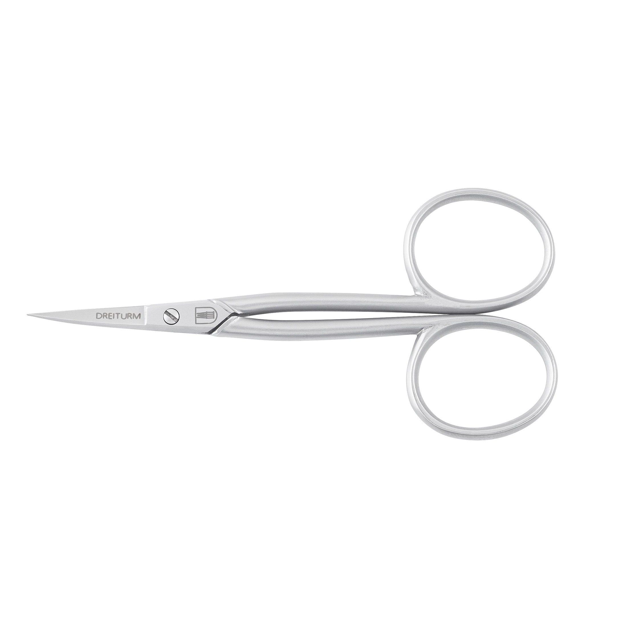 Nagelhautschere aus mattem Edelstahl. Mit abgerundeten Griffen und spitzer Spitze. Marke DREITURM Solingen.