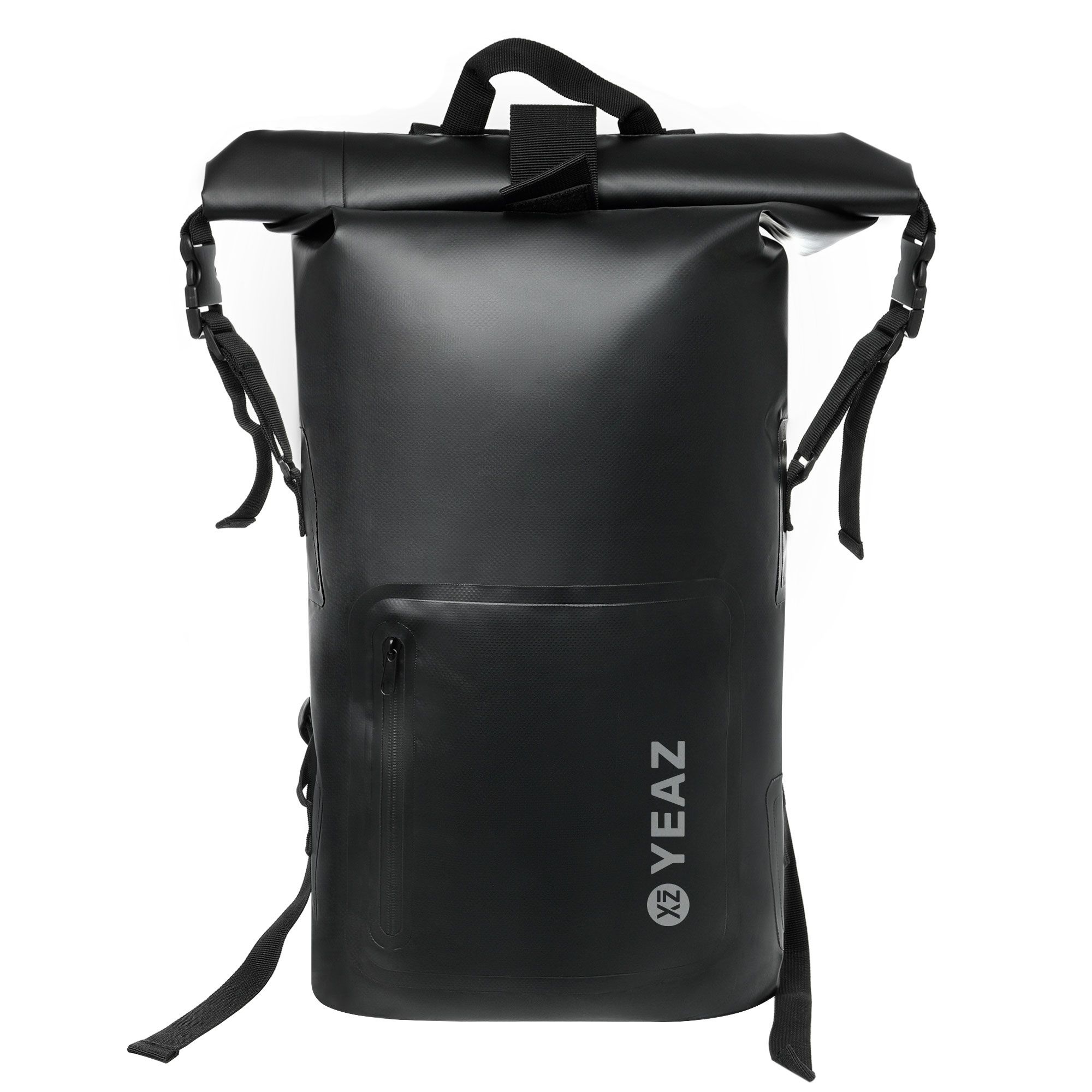 Schwarzer, wasserdichter Rucksack mit weißem Logo. Rollverschluss, verstellbare Gurte und Reißverschlusstasche.