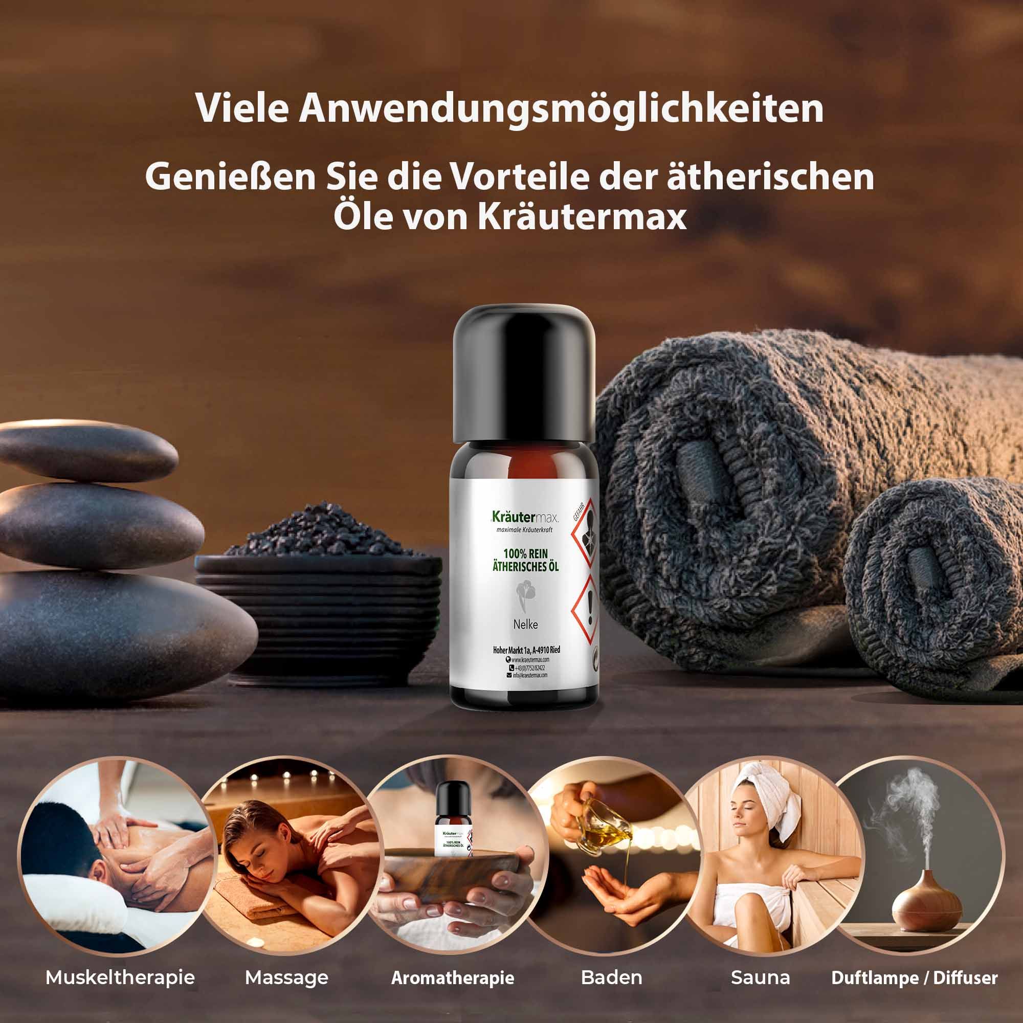 Braune Glasflasche mit schwarzem Deckel. Etikett mit Text und Logo. Szenen von Massage, Sauna, Aromatherapie, Baden und Duftlampe.