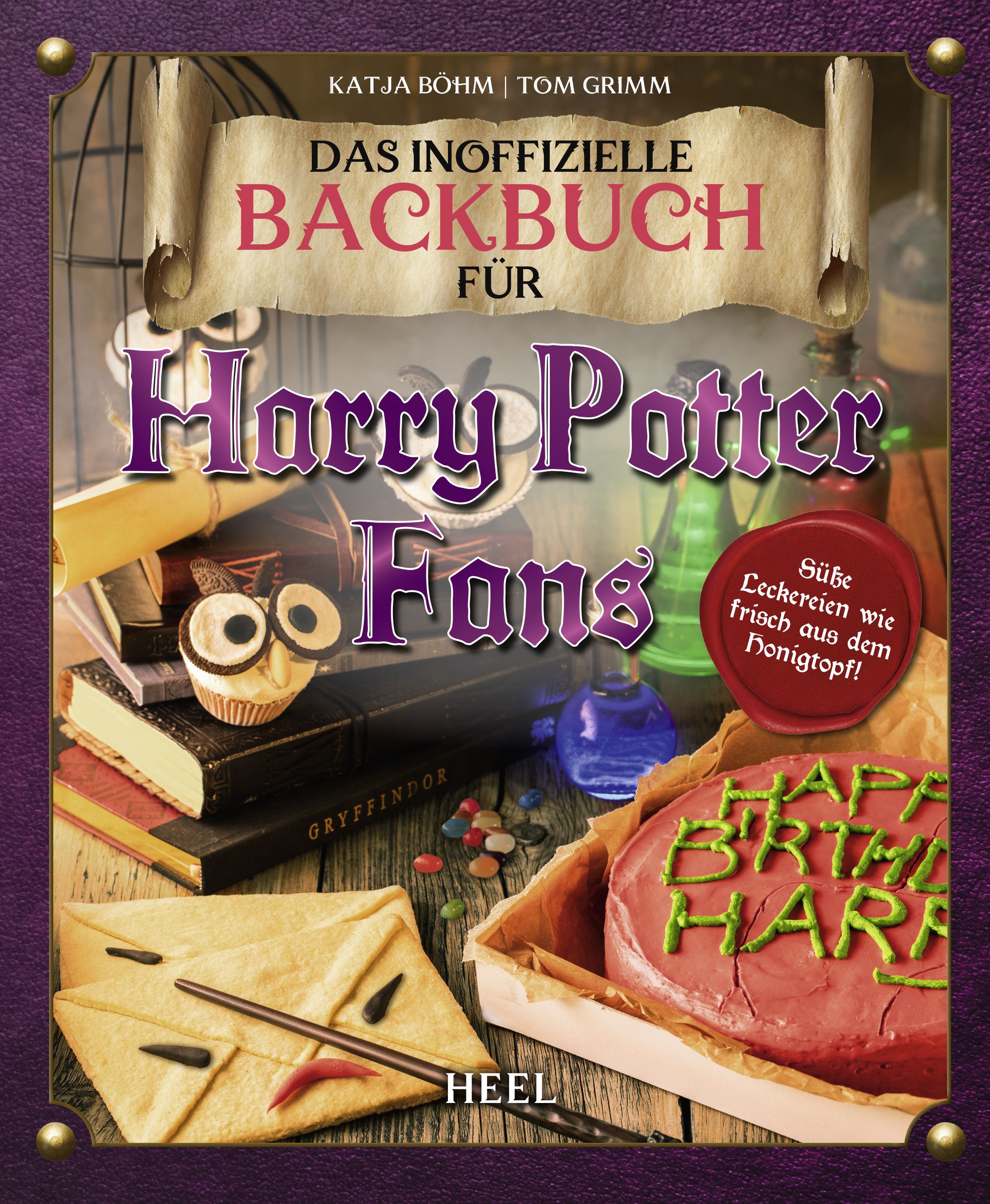 Buchcover: "Das inoffizielle Backbuch für Harry Potter Fans". Auf dem Tisch: Kuchen, Brief, Süßigkeiten, und ein Cupcake.