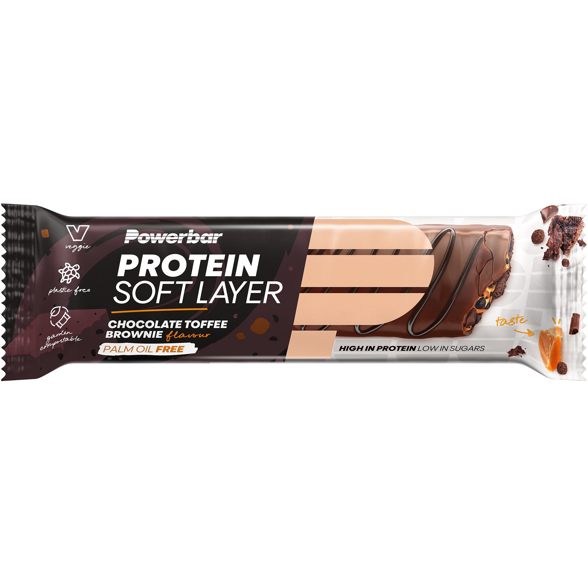 Powerbar Protein Soft Layer Riegel. Schokoladen-Toffee-Brownie-Geschmack. Verpackung mit Produktinformationen. Palmölfrei, hoher Proteingehalt, zuckerarm.
