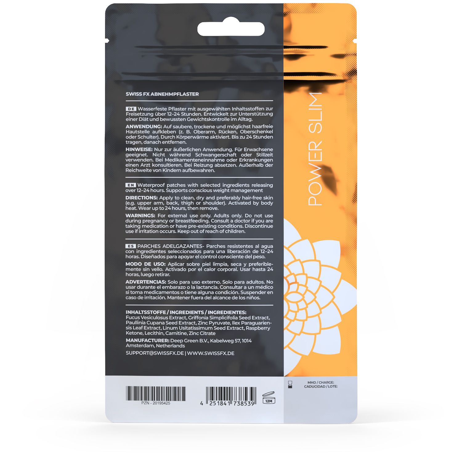 Rückseite der SWISS FX Abnehm Pflaster Verpackung mit Anwendungshinweisen und Inhaltsstoffen.