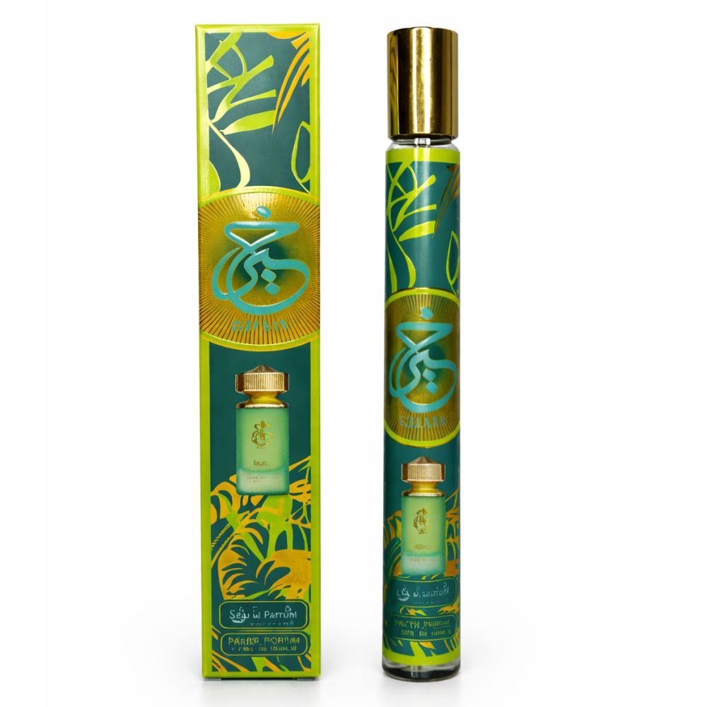 Grüne Flasche mit goldener Kappe und Verpackung. Arabische Schriftzeichen und Produktabbildung.