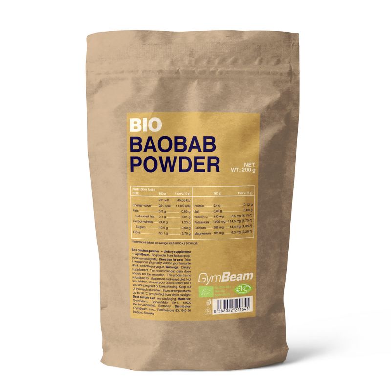 Braune Papiertüte mit BIO BAOBAB POWDER Aufschrift und Nährwertangaben. Enthält 250g.