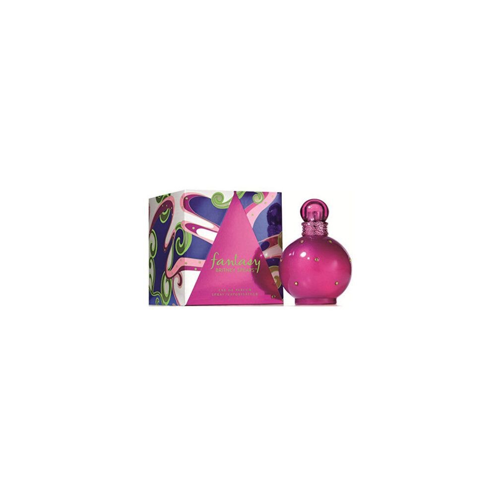 Pinkfarbener Flakon und Verpackung. Flakon rund mit Strasssteinen. Verpackung mit pinkem Dreieck und Schriftzug.
