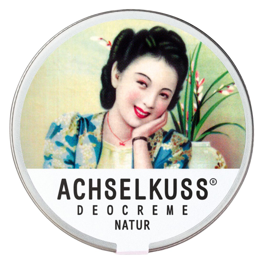 ACHSELKUSS Deocreme Natur in runder Metalldose mit Vintage-Illustration einer Frau.