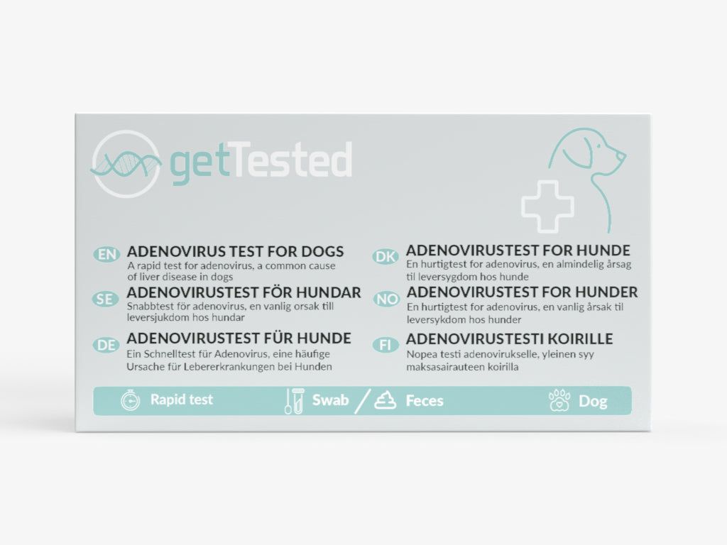 Verpackung mit Text und Logo. Enthält Informationen zu einem Adenovirus-Test für Hunde in verschiedenen Sprachen.