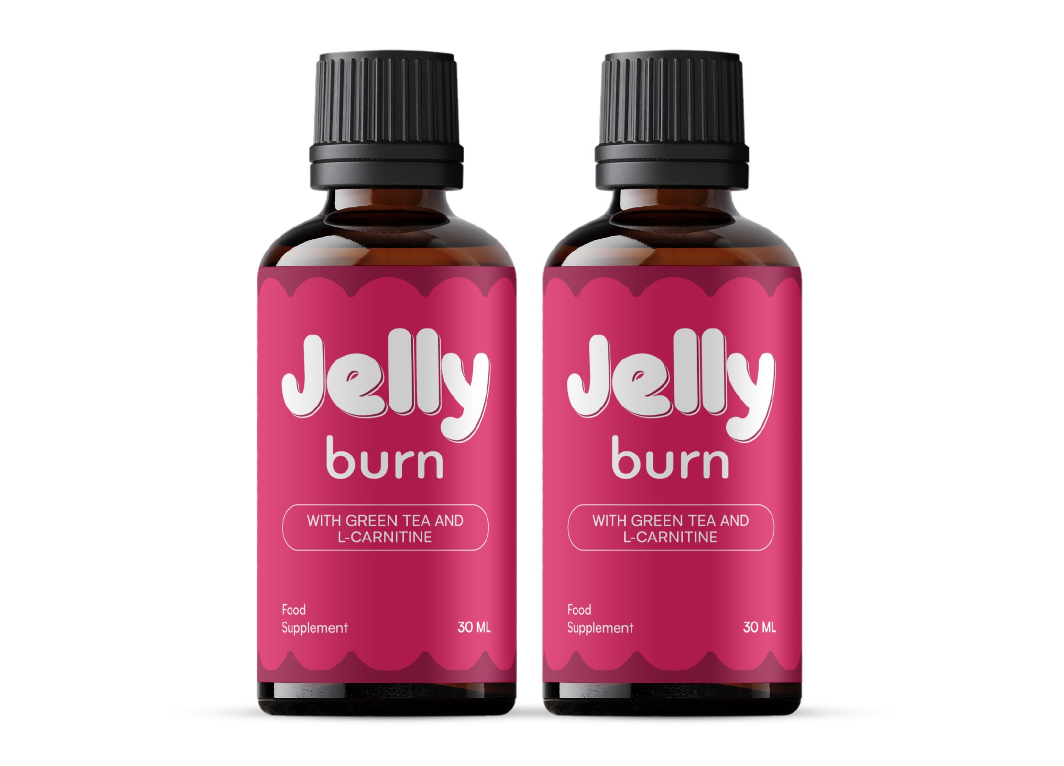 Zwei braune Tropfflaschen mit rosa Etiketten, die "Jelly burn" und "Food Supplement" zeigen.