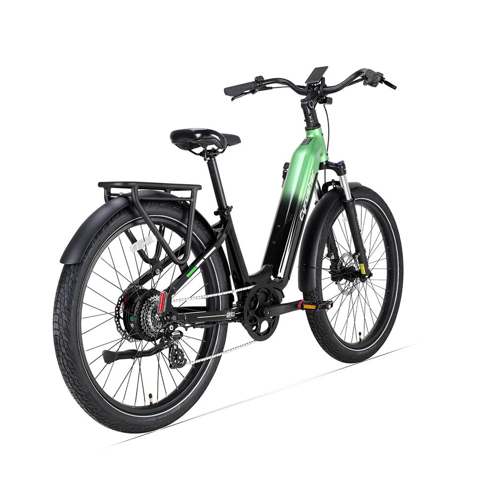 E-Bike von hinten und schräg. Schwarzer Rahmen mit grünen Akzenten. Gepäckträger und Scheibenbremsen.