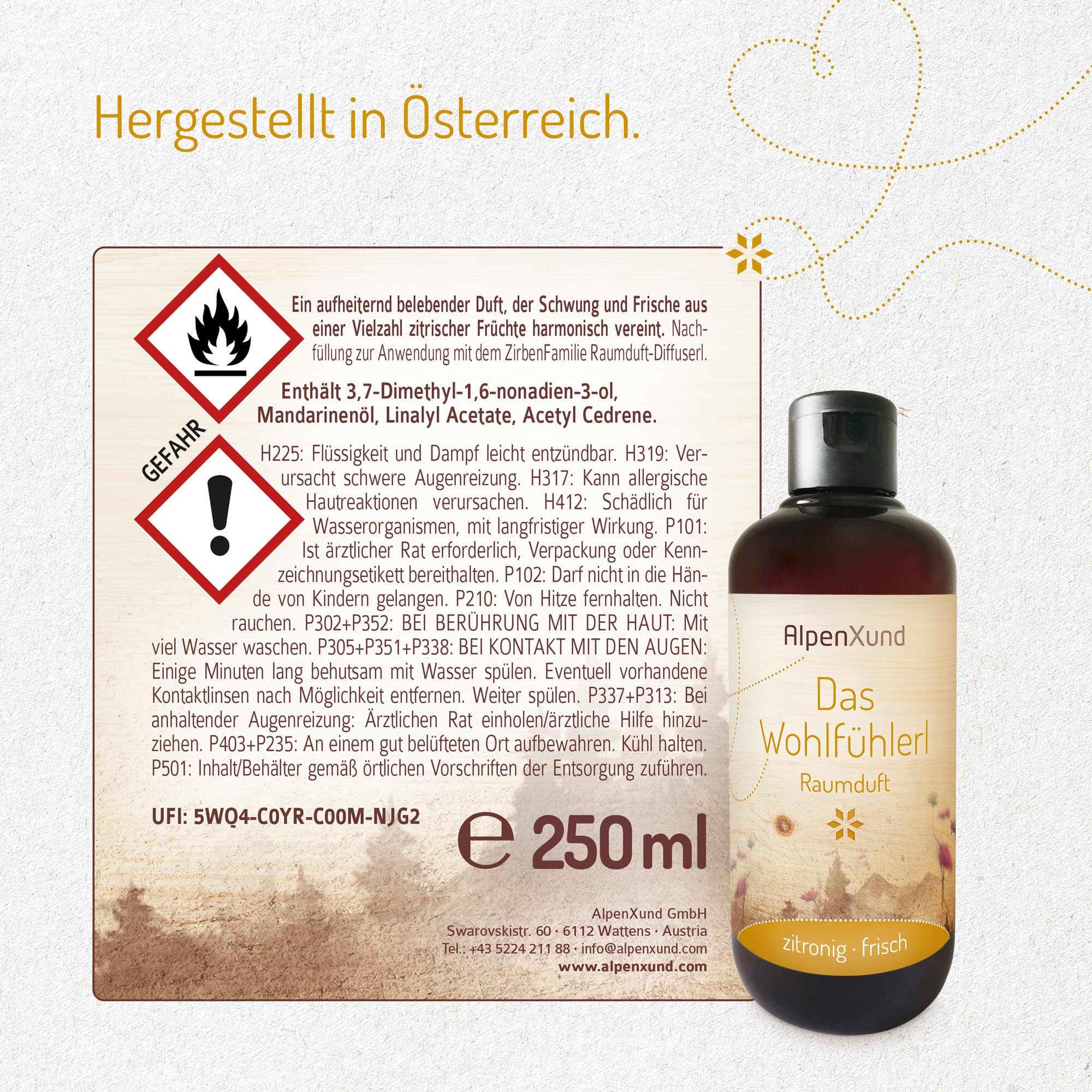 Flasche mit Etikett und Text. Gefahrensymbole und Text. Text: AlpenXund, Das Wohlfühlerl, Zitronig Frisch. 250 ml.