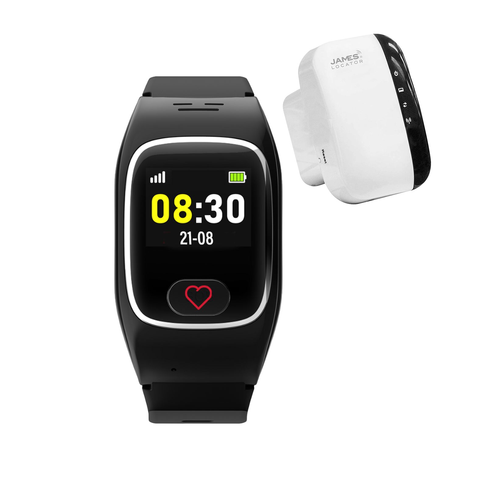 Schwarze Smartwatch mit digitaler Zeitanzeige (08:30) und Datum (21-08). Daneben ein weißes Lade-/Basisgerät.