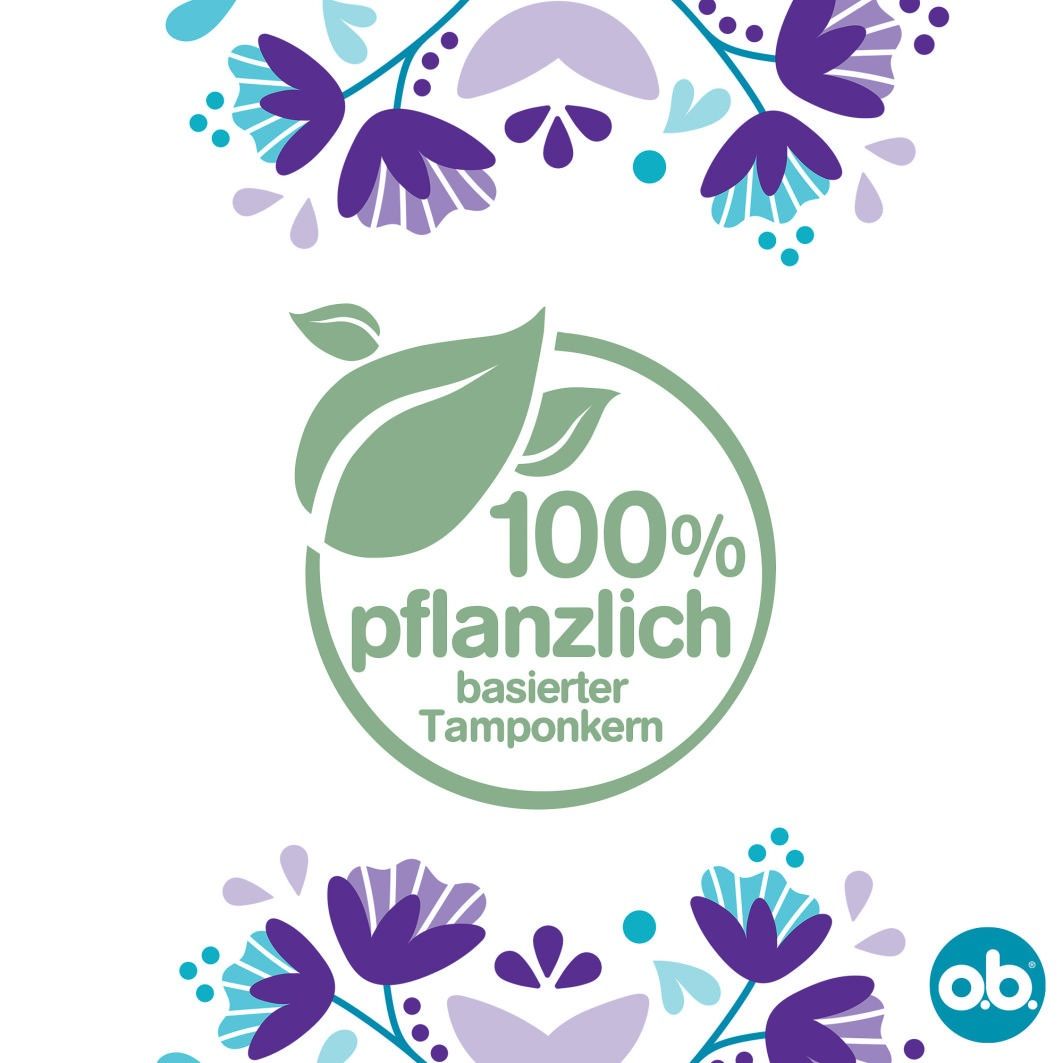 Text: Ohne schädliche Chemikalien, Chlorbleiche, Parfum. Lila Blumenmuster.