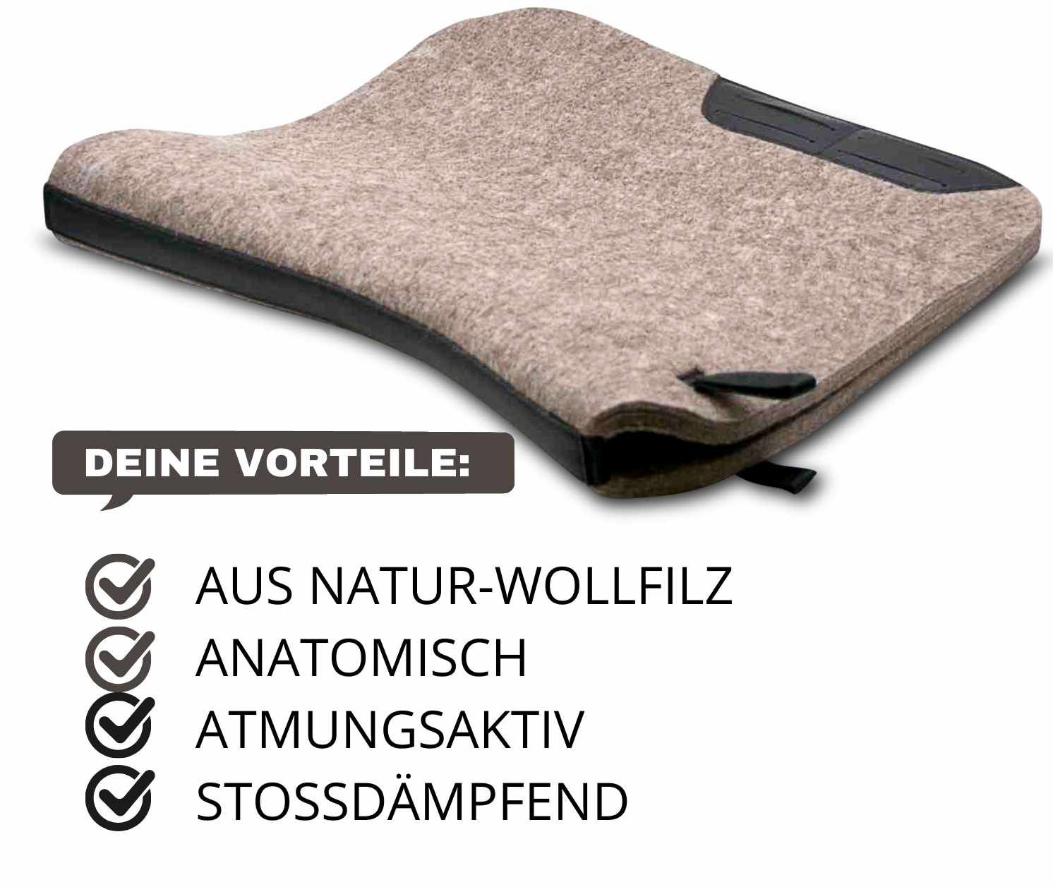 Filzschabracke mit Text: AUS NATUR-WOLLFILZ, ANATOMISCH, ATMUNGSAKTIV, STOSSDÄMPFEND. Schwarze Kanten.