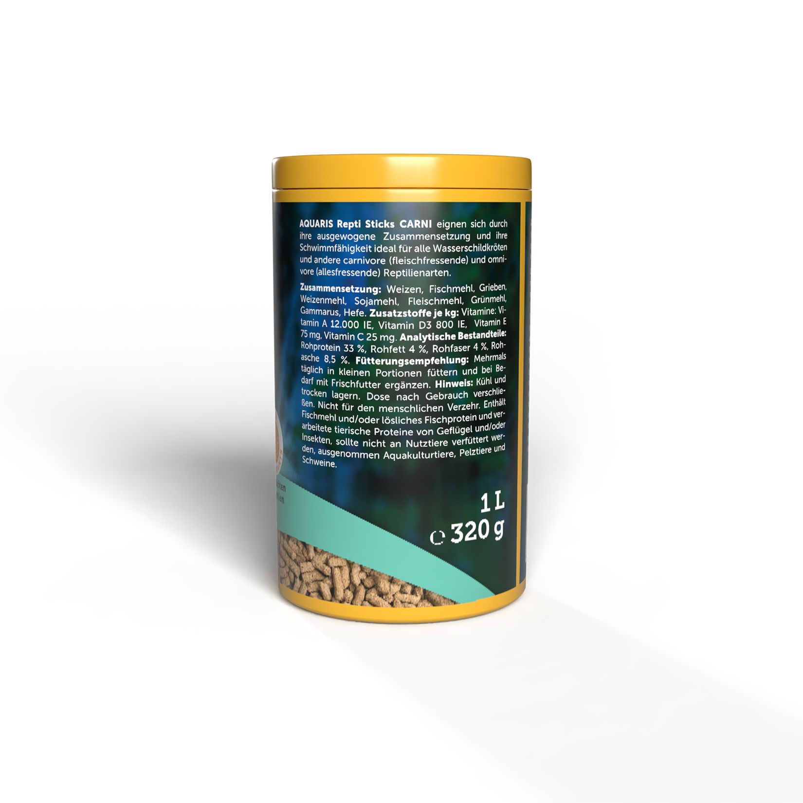 Rückseite einer Dose AQUARIS Repti Sticks. Gelber Deckel. Text: 1L e 320g. Textliche Informationen zum Produkt.