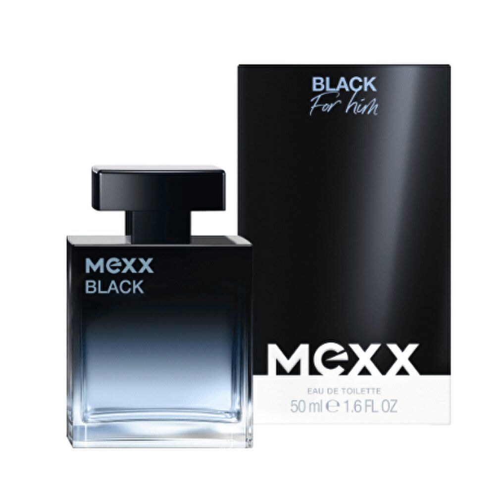 Schwarzer Flakon und Verpackung. Aufschrift: Mexx Black For him Eau de Toilette. 50 ml.