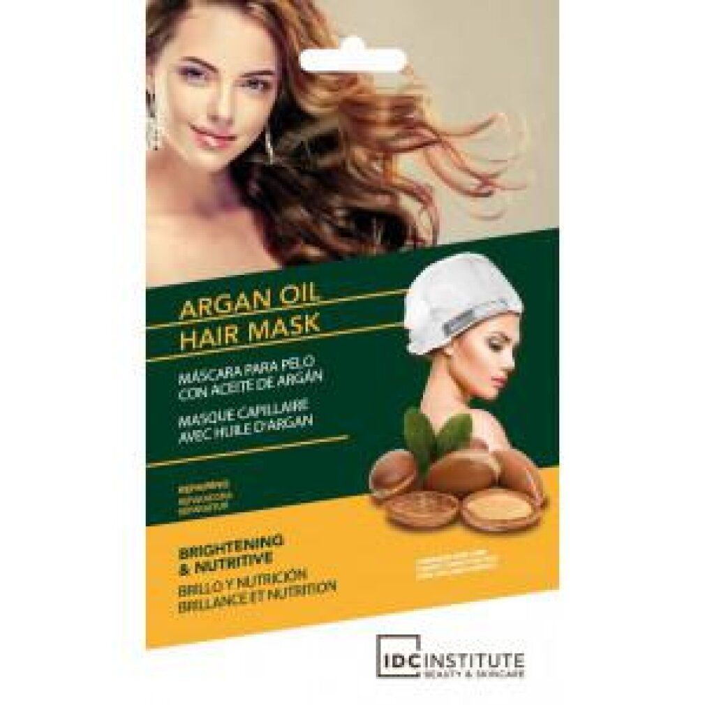 Verpackung der Idc Institute Arganöl-Haarmaske mit Produktinformationen und Bildern.