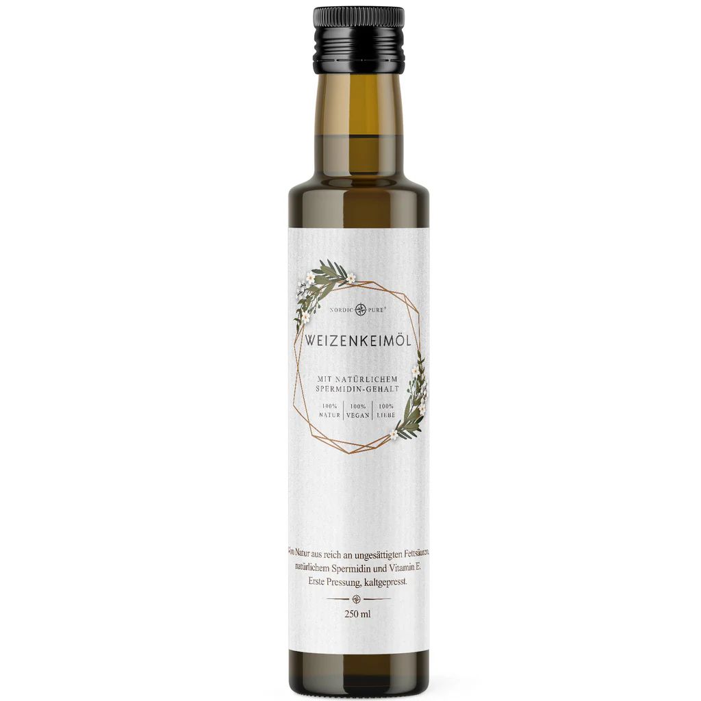 Braune Glasflasche mit schwarzem Deckel und Etikett. Aufschrift: Weizenkeimöl, mit Vitamin E & Spermidin. Pflanzliche Öle.