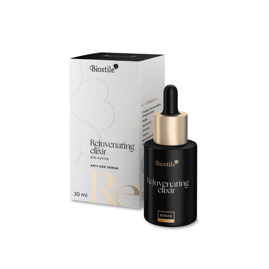 Schwarze Flasche mit goldener Pipette. Aufschrift: Rejuvenating Elixir Serum. Weiße Verpackung mit Logo und Text.