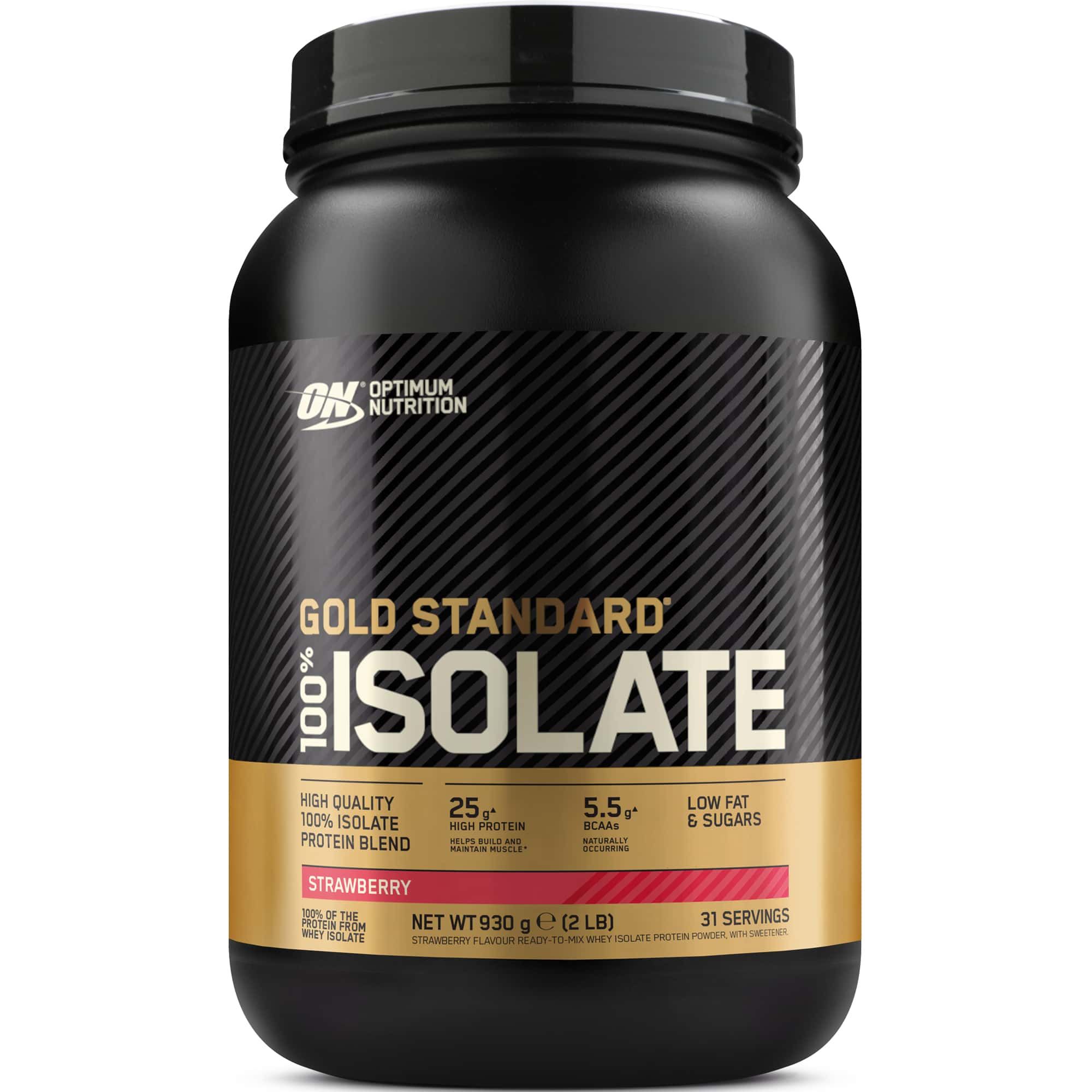 Schwarze Dose mit Gold Standard 100% Isolate. Aufschrift: 25g Protein, 5.5g BCAAs, Low Fat & Sugars. Geschmack: Erdbeere. Nettogewicht: 930g.