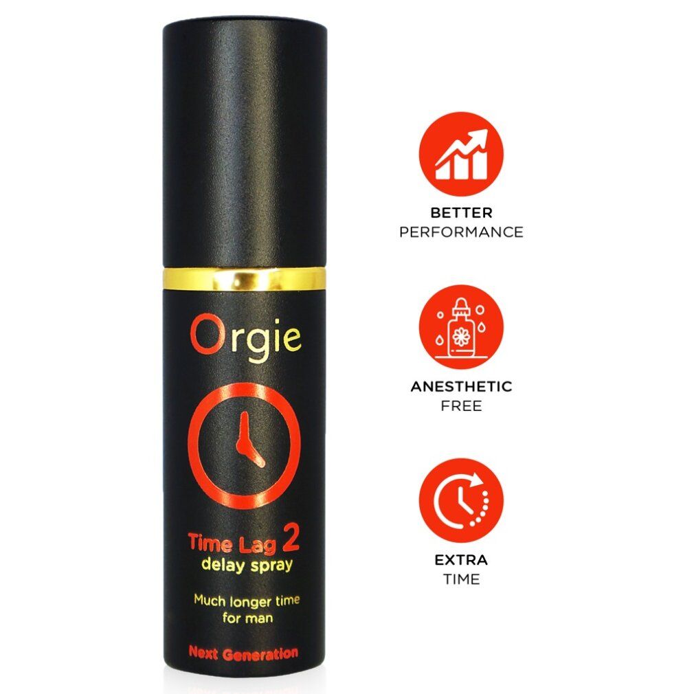 Schwarze Flasche mit goldfarbenem Ring. Aufschrift: Orgie, Time Lag 2 Delay Spray. Orangefarbenes Zifferblatt-Logo. Icons.