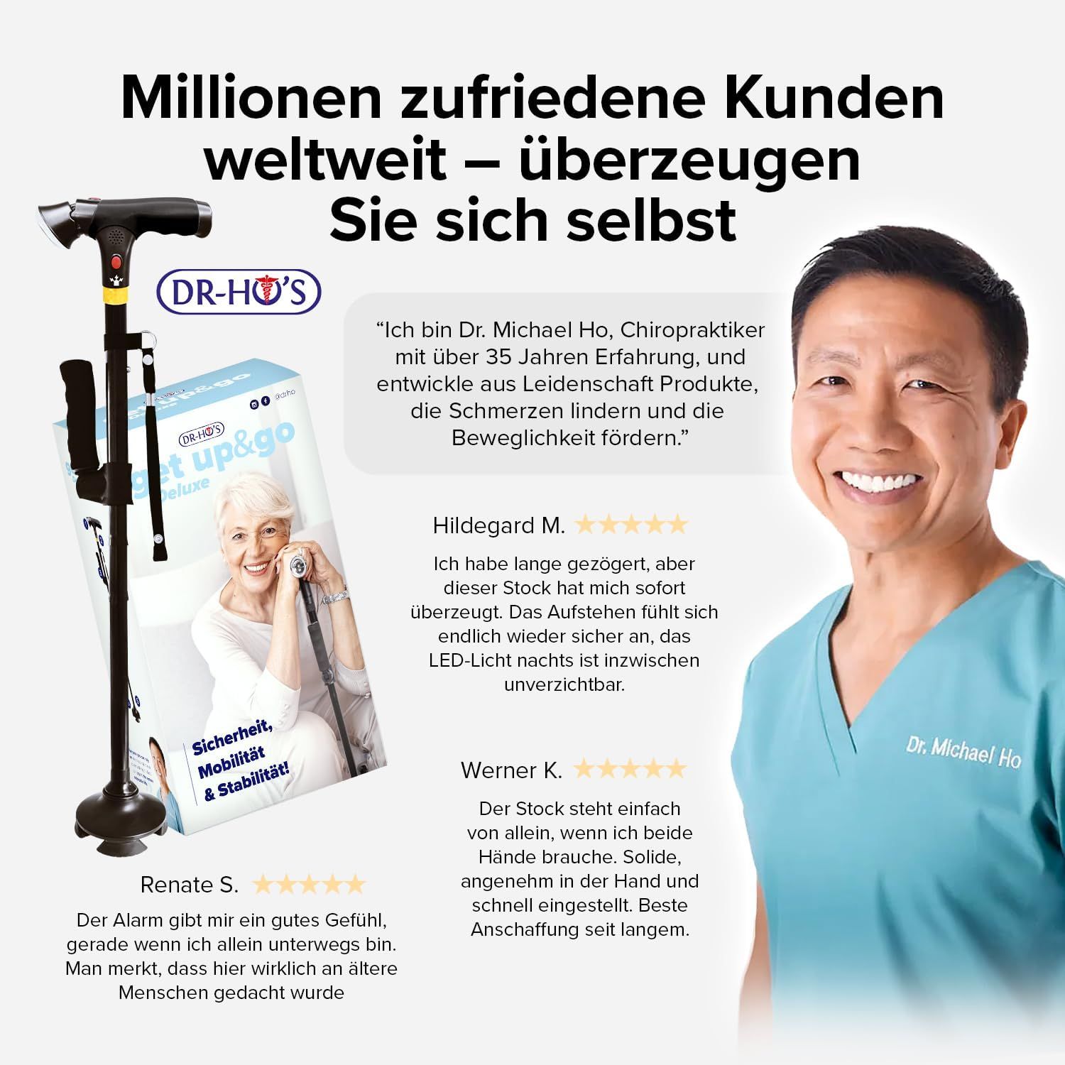 Dr. Michael Ho und zufriedene Kunden mit DR-HO'S Gehstock und Verpackung.