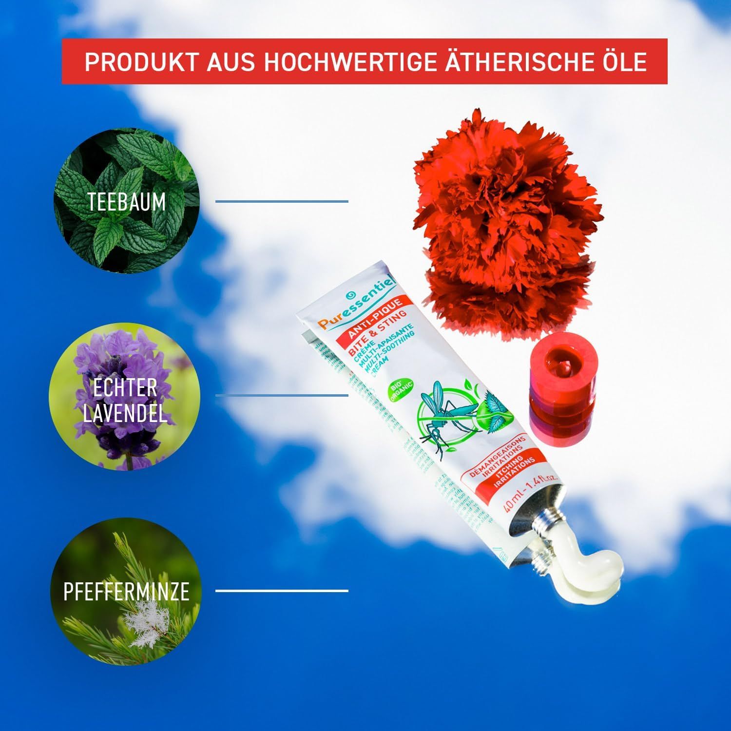 Creme-Tube mit Zutaten. Aufschrift: Anti-Pique, Bite & Sting. Abbildung: Mücke und Blätter. 40 ml. Produkt aus hochwertigen ätherischen Ölen.