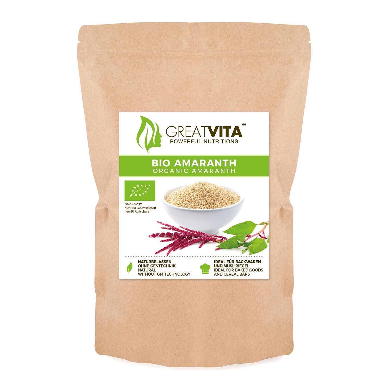 Beutel mit Aufdruck. Aufschrift: GreatVita Bio Amaranth. Abbildung von Amaranthkörnern in Schale, Pflanzen und Logo.