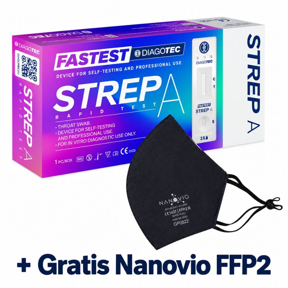 Strep A Schnelltest-Box mit Rachenabstrich-Set. Enthält 1 Test pro Packung.