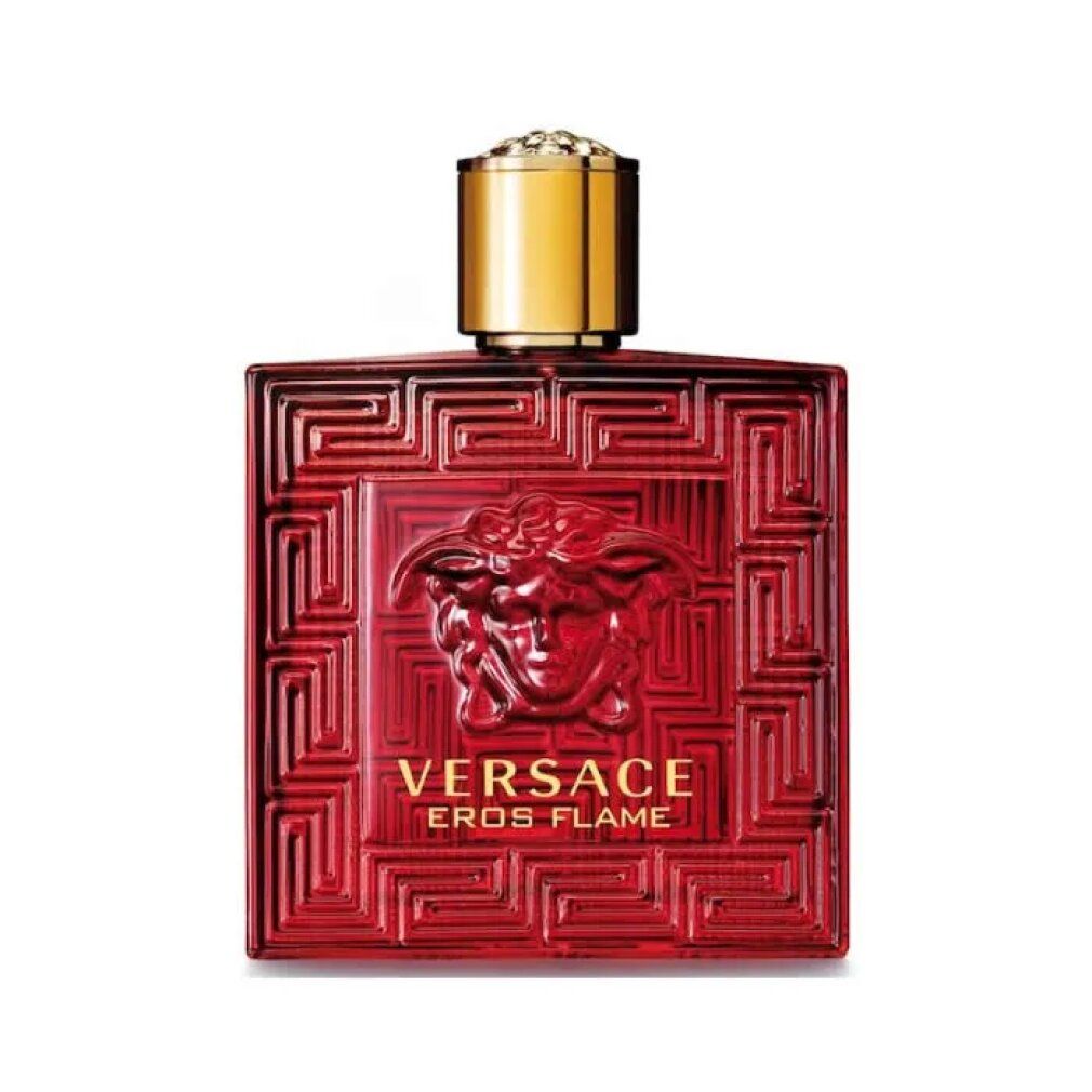Roter Versace Eros Flame Flakon. Quadratische Form, geprägt. Goldfarbener Verschluss. Logo und Schriftzug.