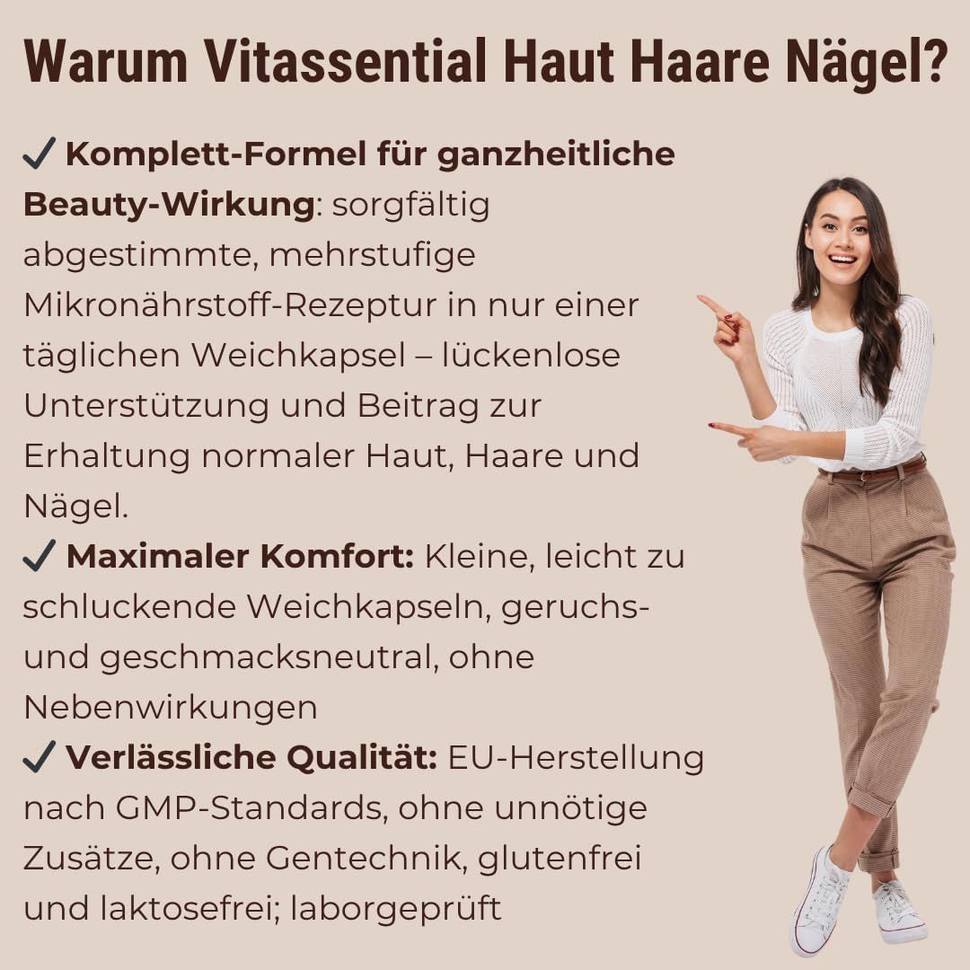 Eine Frau zeigt auf Text. Text: Komplett-Formel für Beauty-Wirkung, Mikronährstoff-Rezeptur, Unterstützung für Haut, Haare und Nägel.